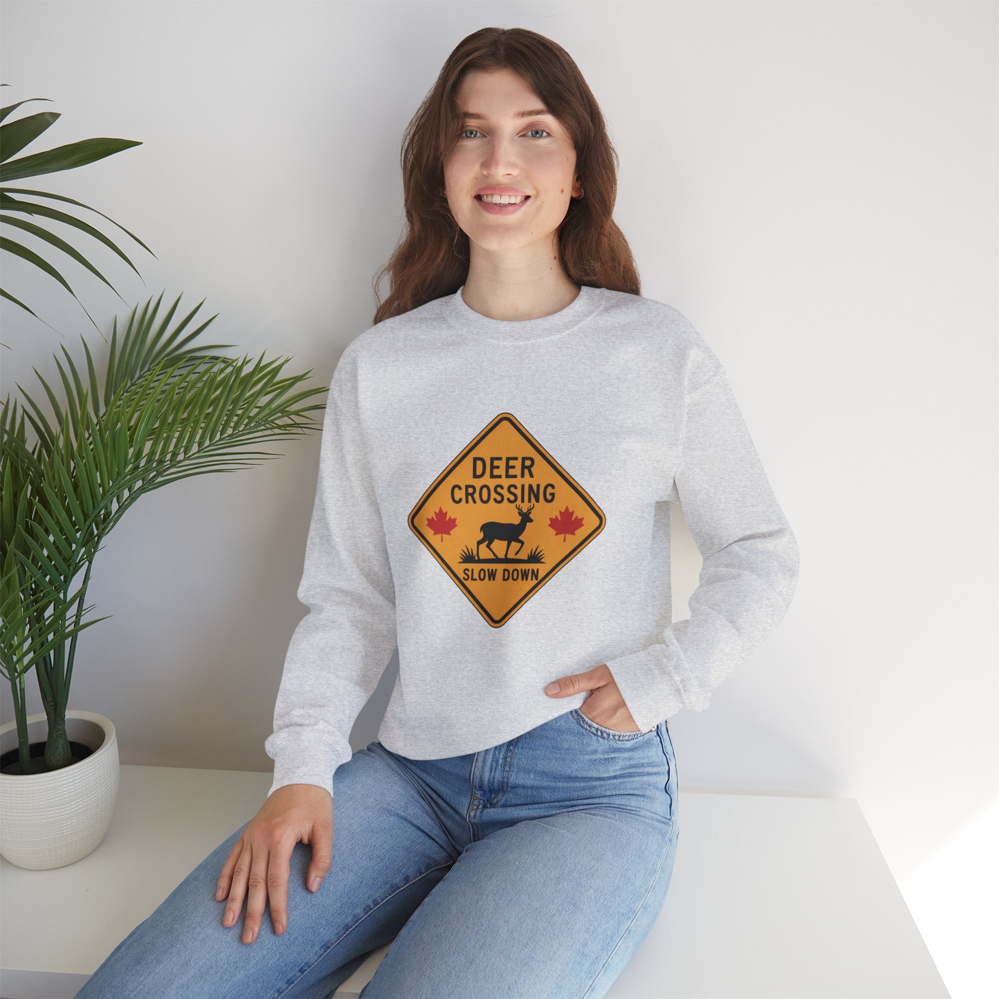 Deer Crossing Sweatshirt — 'Deer Crossing Slow Down' Road Sign Crewneck