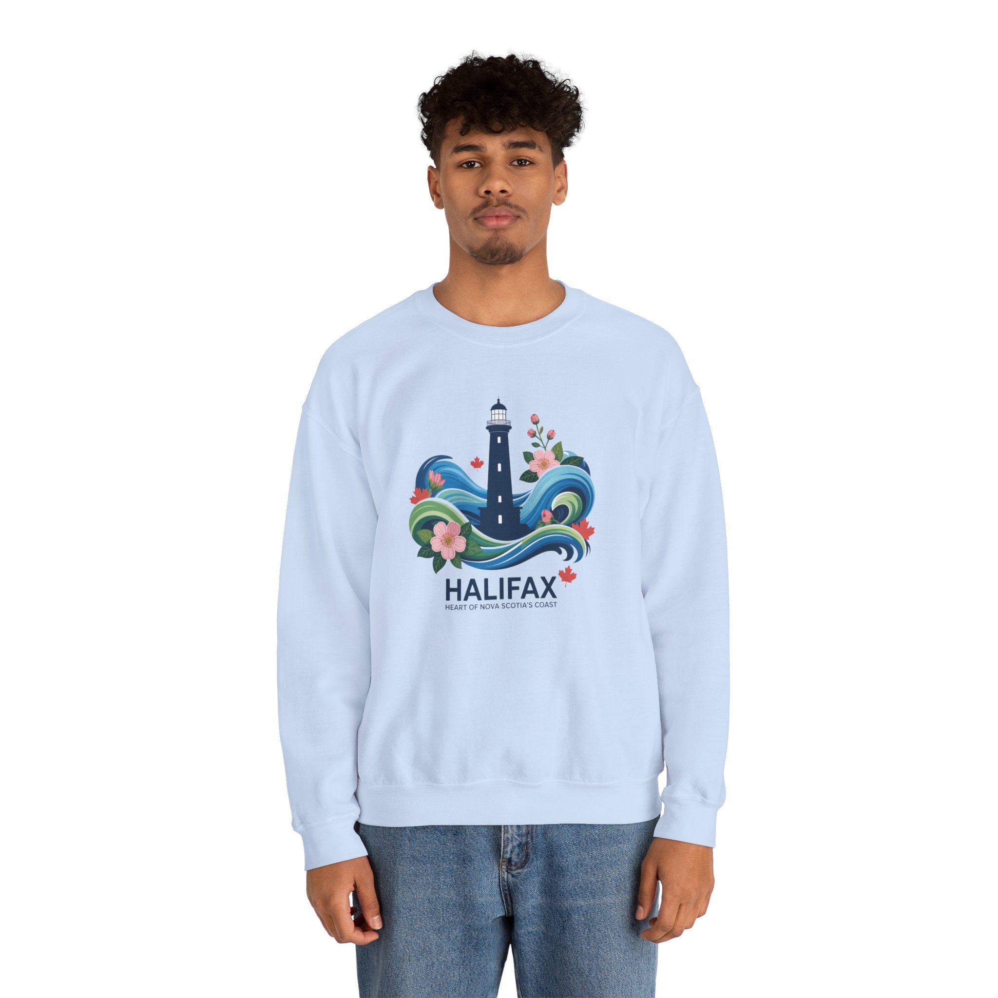 Halifax Lighthouse Crewneck Sweatshirt — Nautical Waves & Floral Travel Souvenir