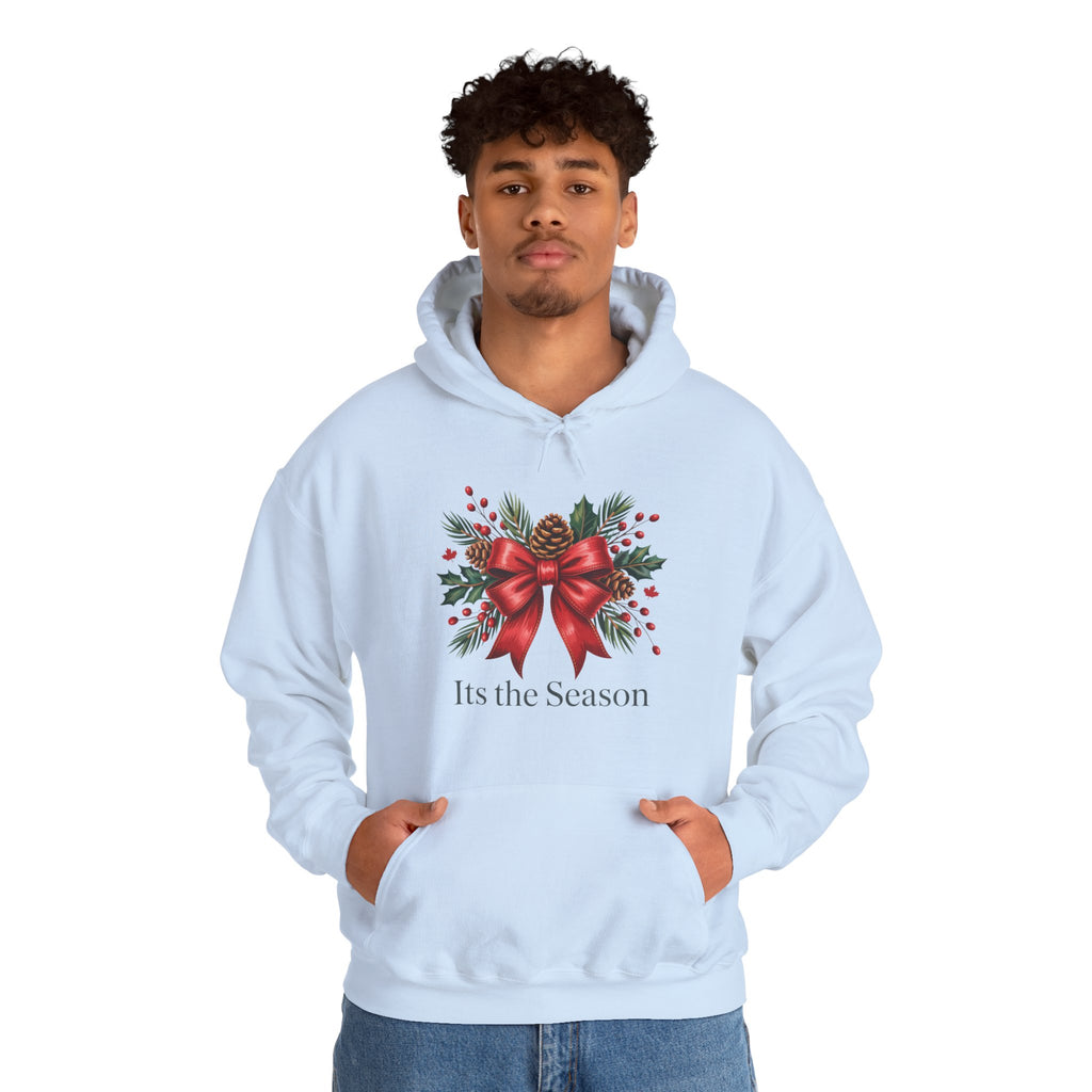 Christmas Wreath Hoodie – Festive Red Bow "Its the Season" Holiday Sweatshirt
