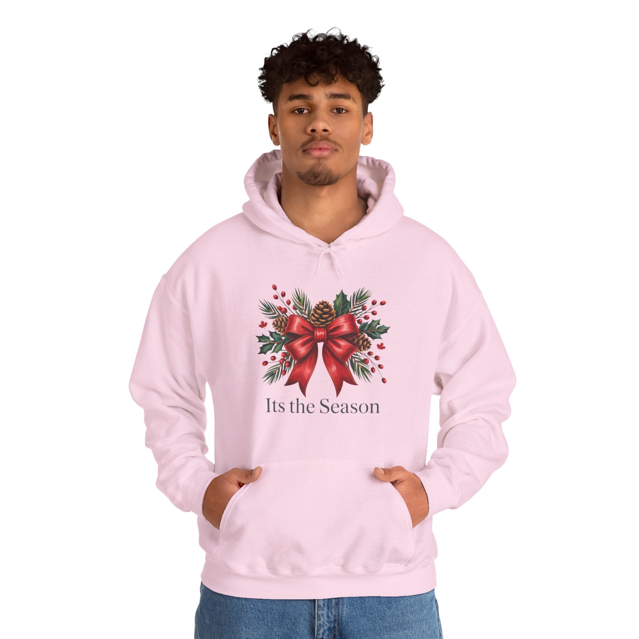 Christmas Wreath Hoodie – Festive Red Bow "Its the Season" Holiday Sweatshirt