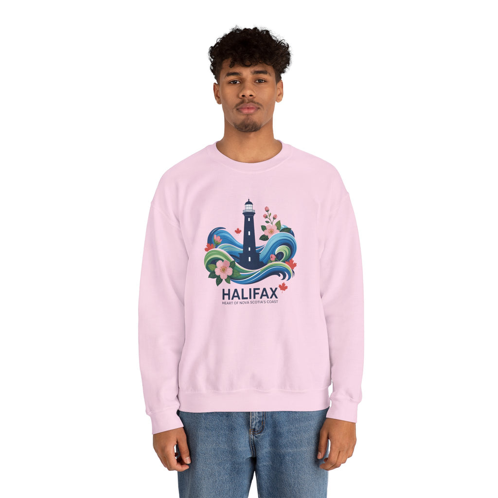 Halifax Lighthouse Crewneck Sweatshirt — Nautical Waves & Floral Travel Souvenir