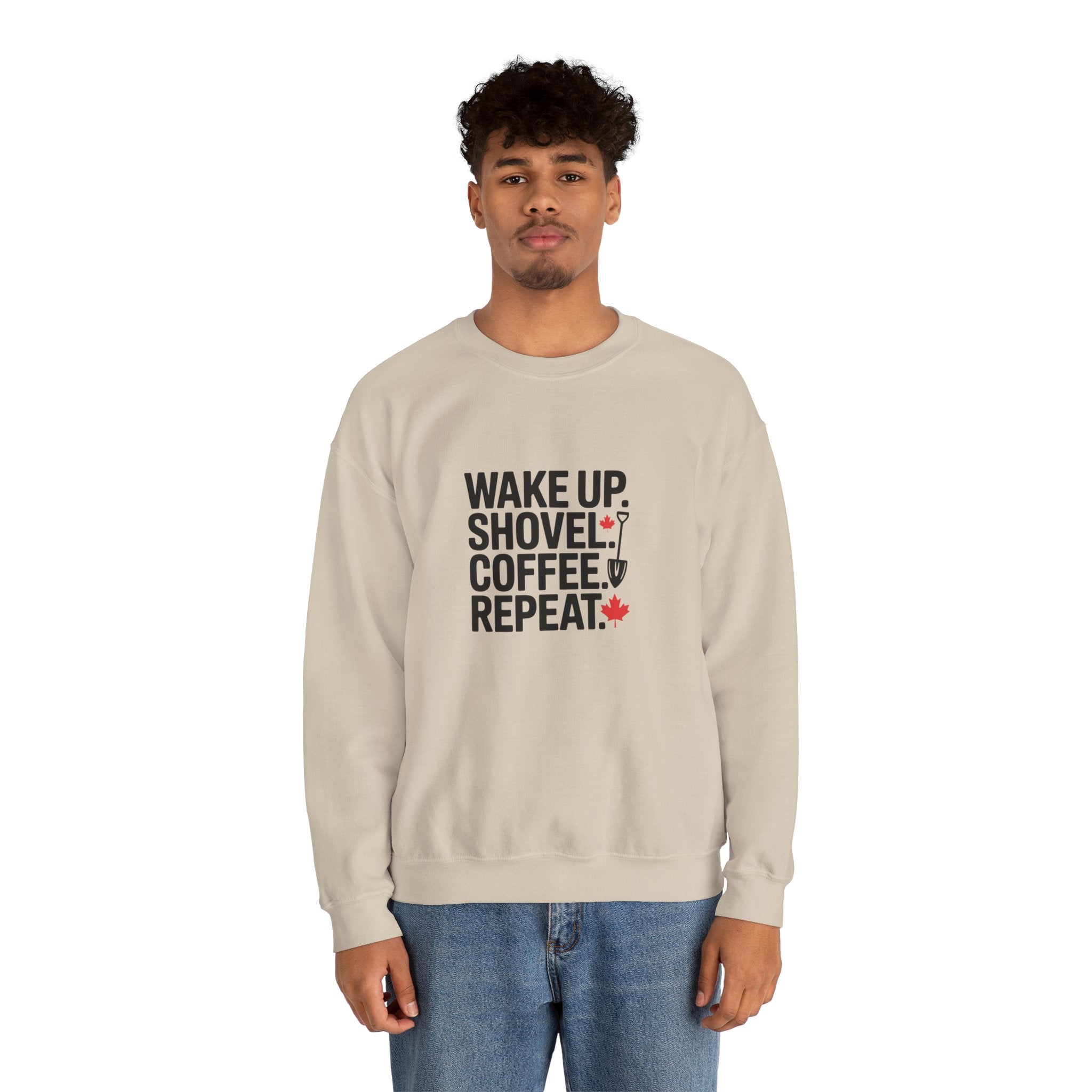 "Wake Up. Shovel. Coffee. Repeat." Winter Funny Crewneck Sweatshirt