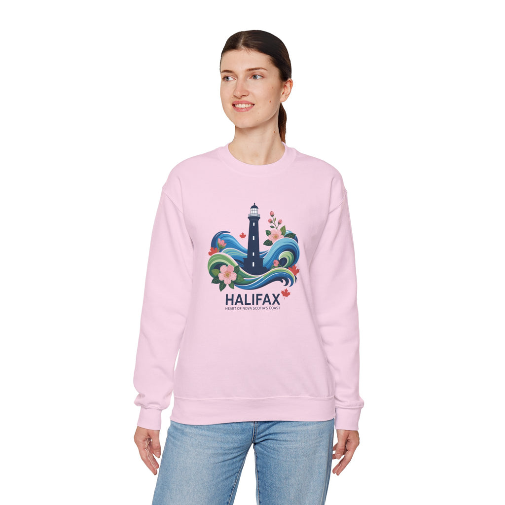 Halifax Lighthouse Crewneck Sweatshirt — Nautical Waves & Floral Travel Souvenir