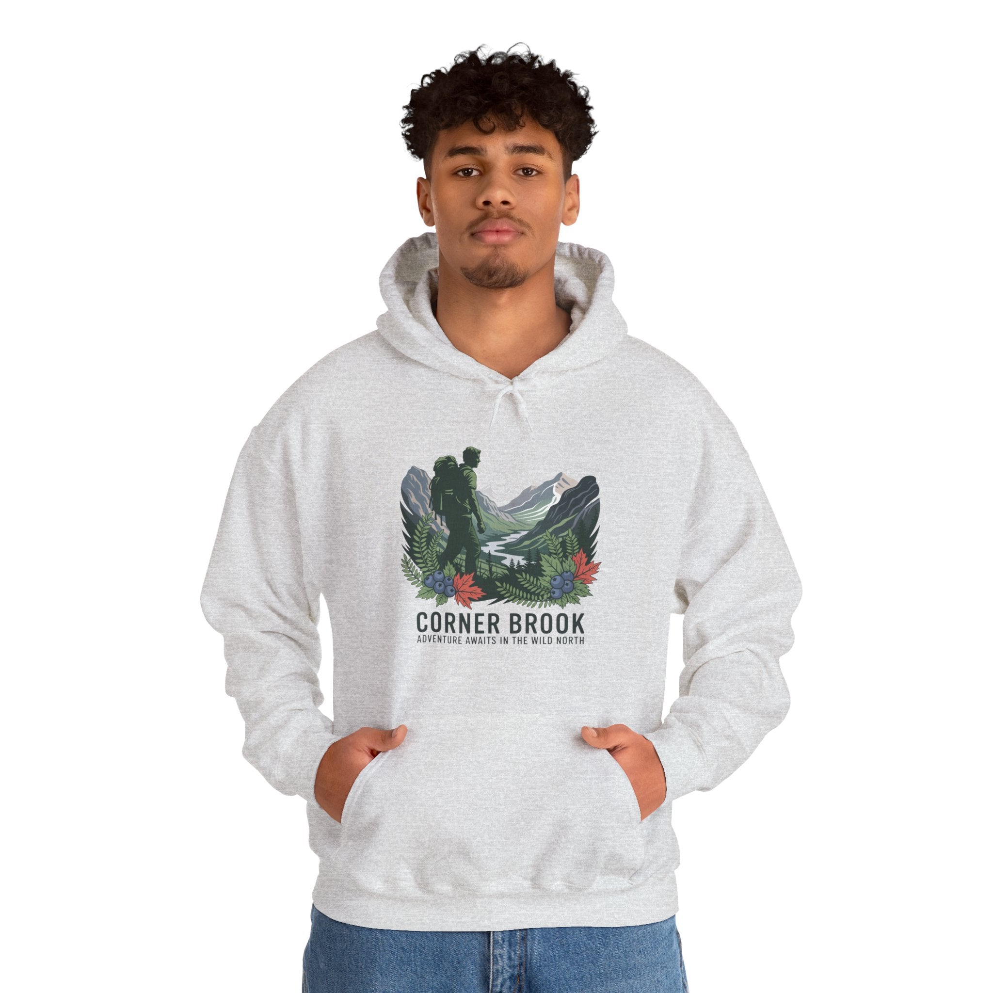 Corner Brook Mountain Landscape Hoodie — Scenic Nature Graphic Sweatshirt