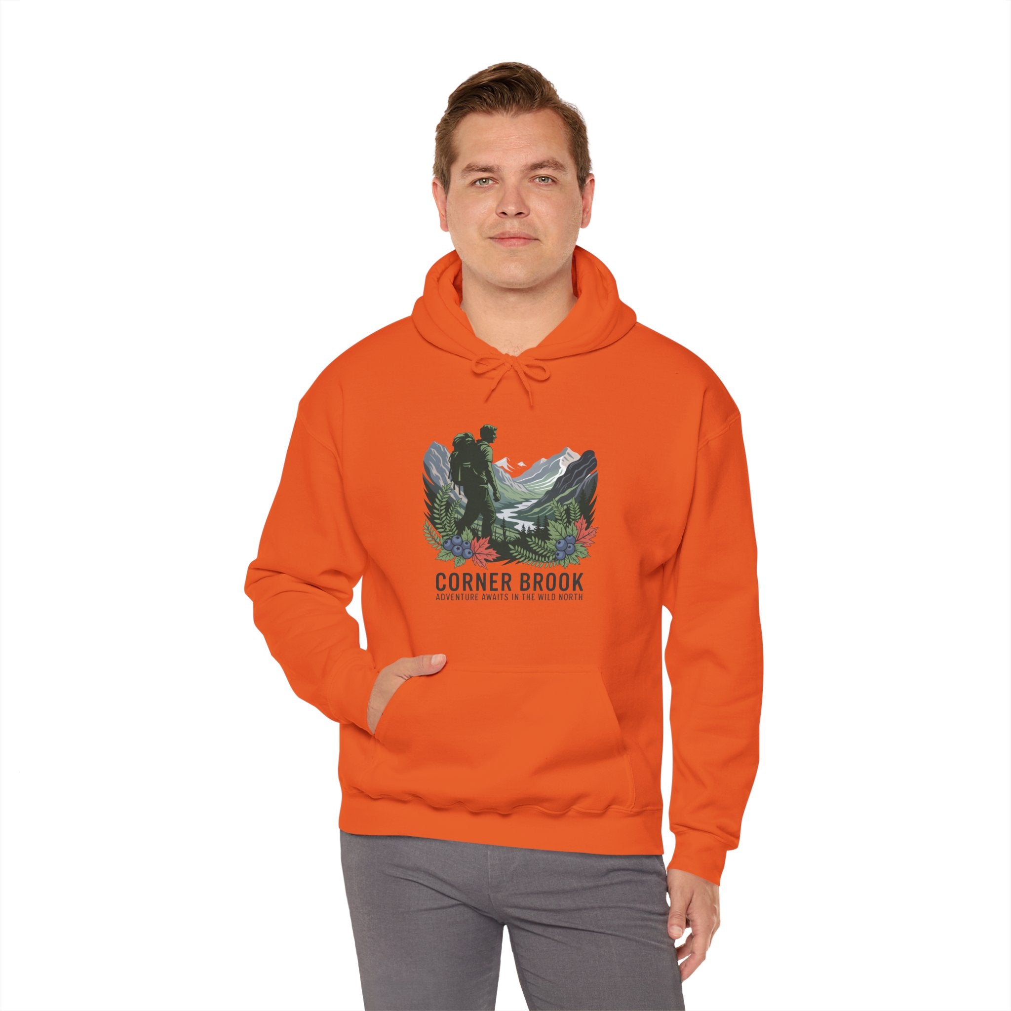 Corner Brook Mountain Landscape Hoodie — Scenic Nature Graphic Sweatshirt