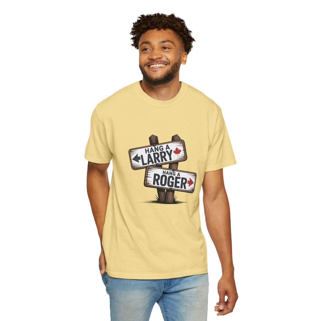 'Hang a Larry Hang a Roger' Signpost T-Shirt — Retro Roadside Humor Tee