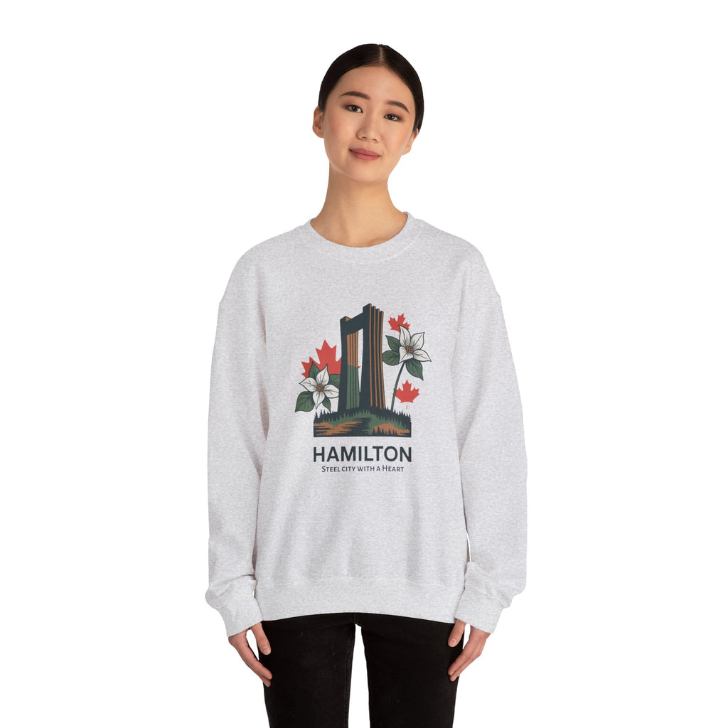 Hamilton Skyline Crewneck Sweatshirt — 'Hamilton: Steel City With A Heart' Canadian Maple Floral Design