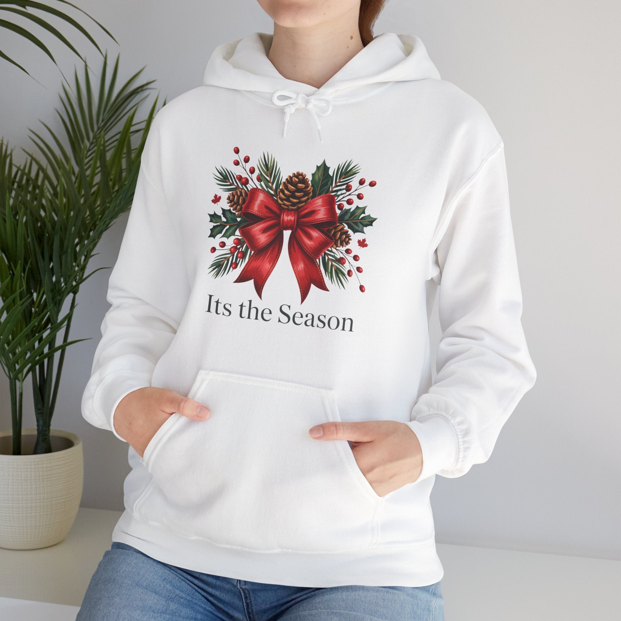 Christmas Wreath Hoodie – Festive Red Bow "Its the Season" Holiday Sweatshirt