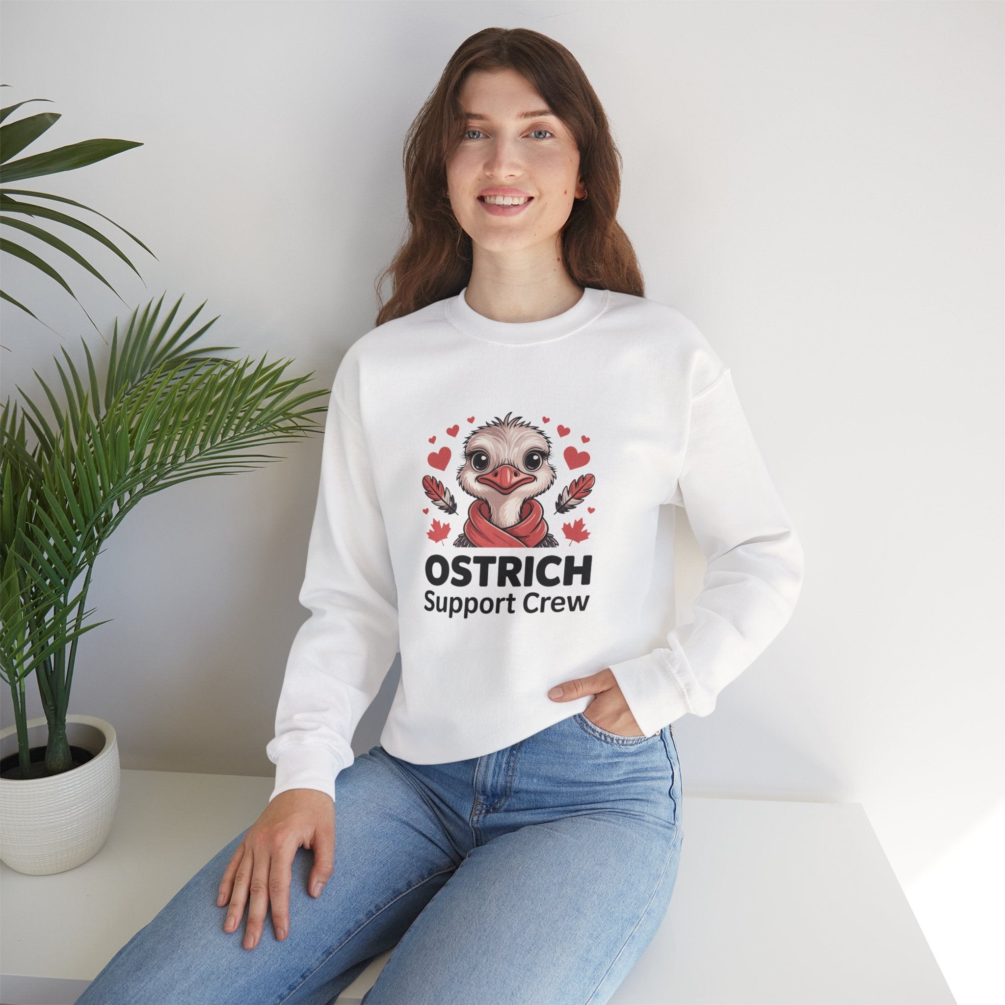 Ostrich Support Crew Sweatshirt — Cute Valentine’s Day Animal Graphic Crewneck