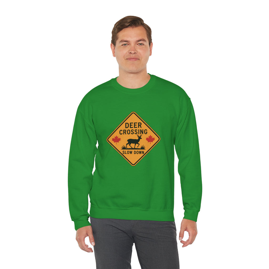 Deer Crossing Sweatshirt — 'Deer Crossing Slow Down' Road Sign Crewneck
