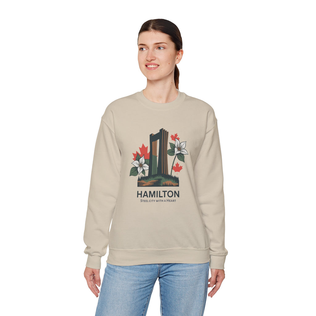 Hamilton Skyline Crewneck Sweatshirt — 'Hamilton: Steel City With A Heart' Canadian Maple Floral Design
