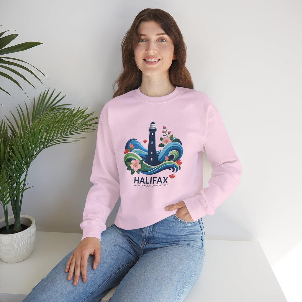 Halifax Lighthouse Crewneck Sweatshirt — Nautical Waves & Floral Travel Souvenir