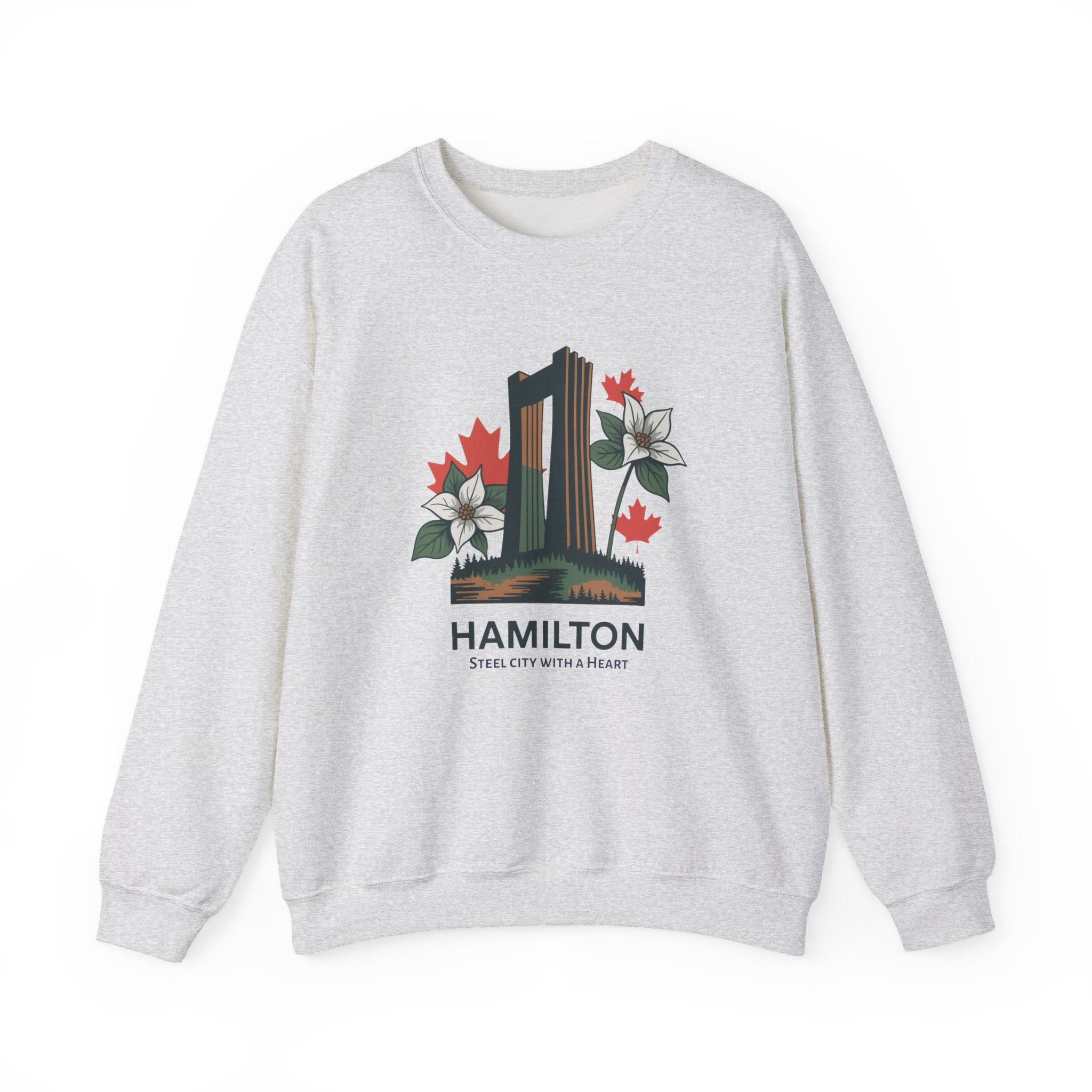 Hamilton Skyline Crewneck Sweatshirt — 'Hamilton: Steel City With A Heart' Canadian Maple Floral Design