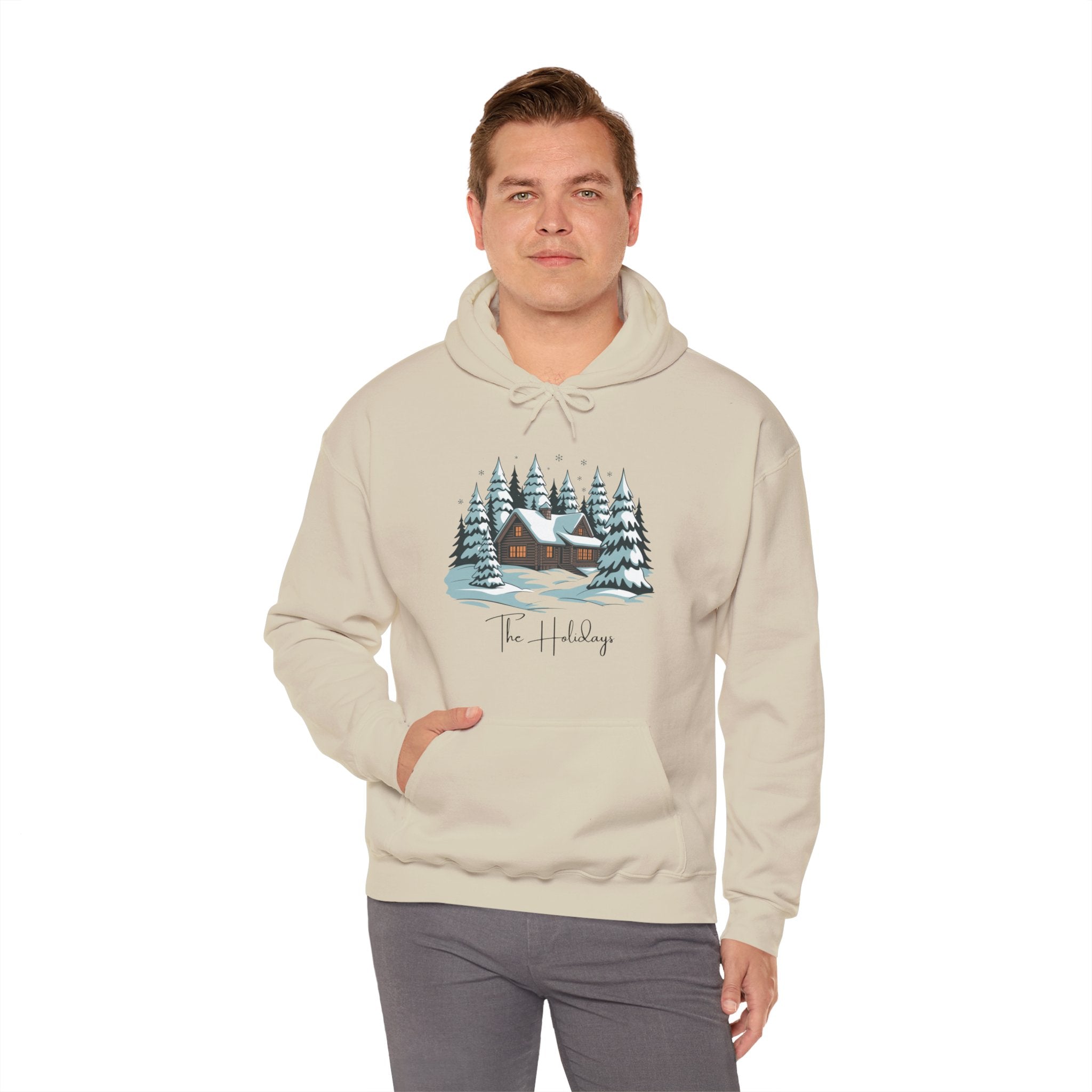 Cozy Cabin Holiday Hoodie — Winter Pine Forest Sweatshirt