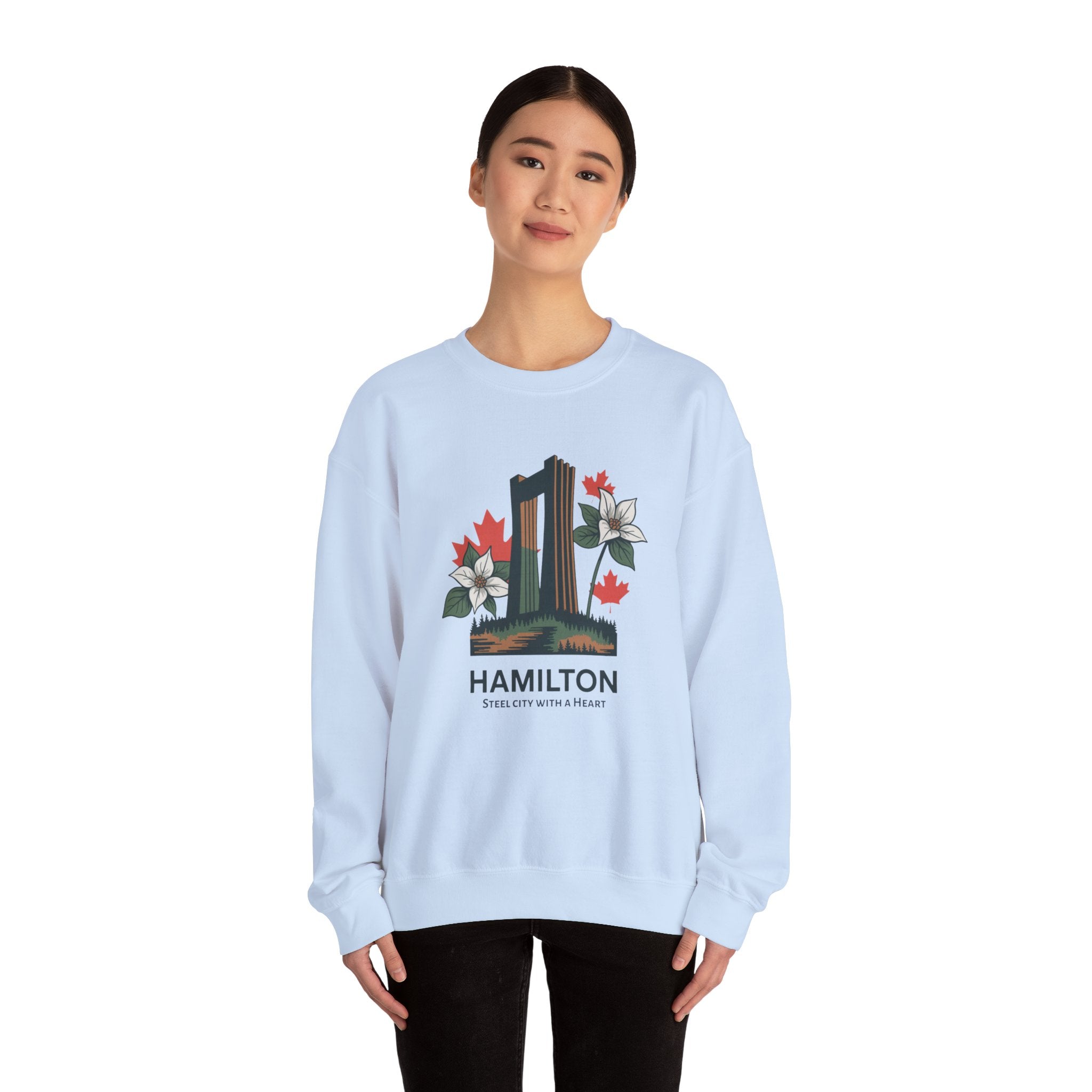 Hamilton Skyline Crewneck Sweatshirt — 'Hamilton: Steel City With A Heart' Canadian Maple Floral Design