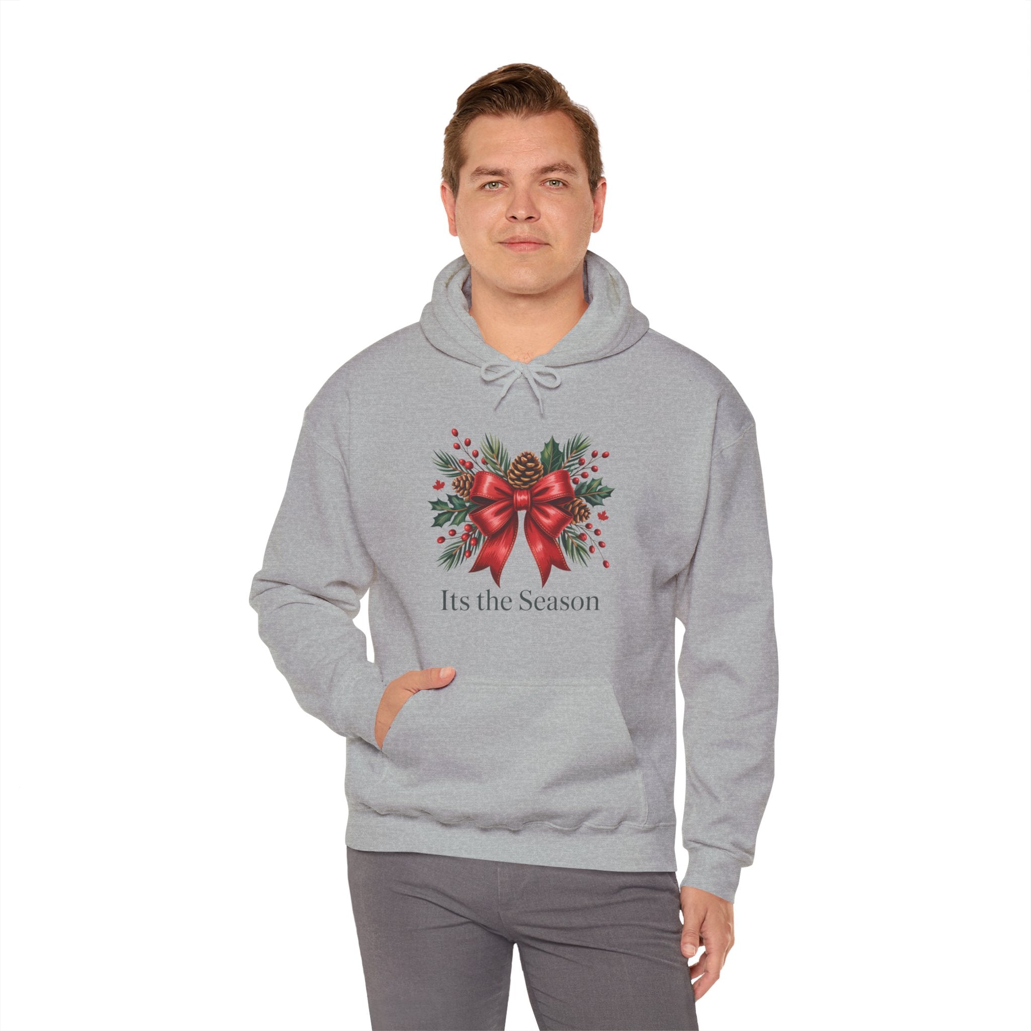 Christmas Wreath Hoodie – Festive Red Bow "Its the Season" Holiday Sweatshirt