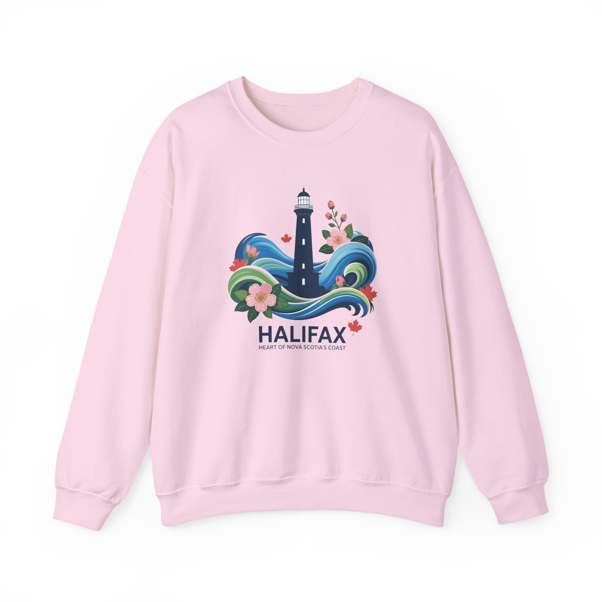 Halifax Lighthouse Crewneck Sweatshirt — Nautical Waves & Floral Travel Souvenir