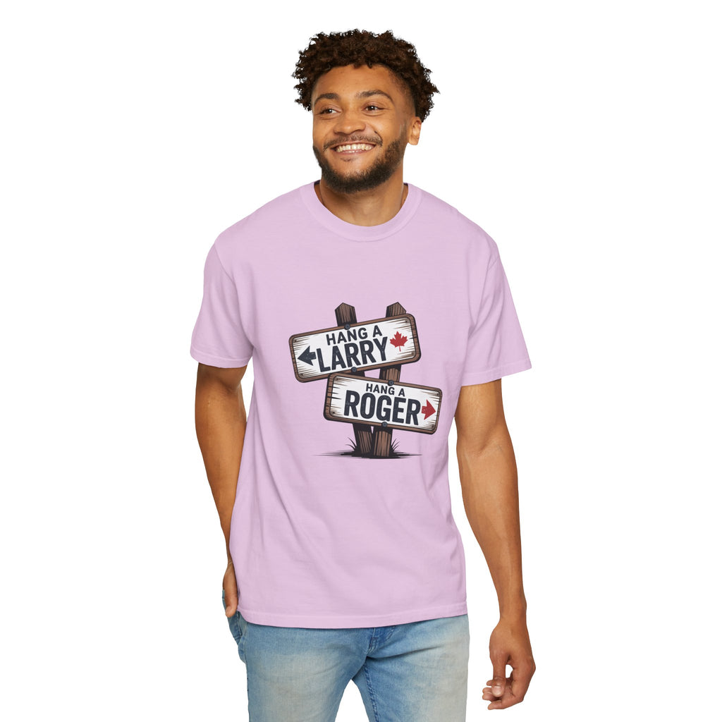 'Hang a Larry Hang a Roger' Signpost T-Shirt — Retro Roadside Humor Tee