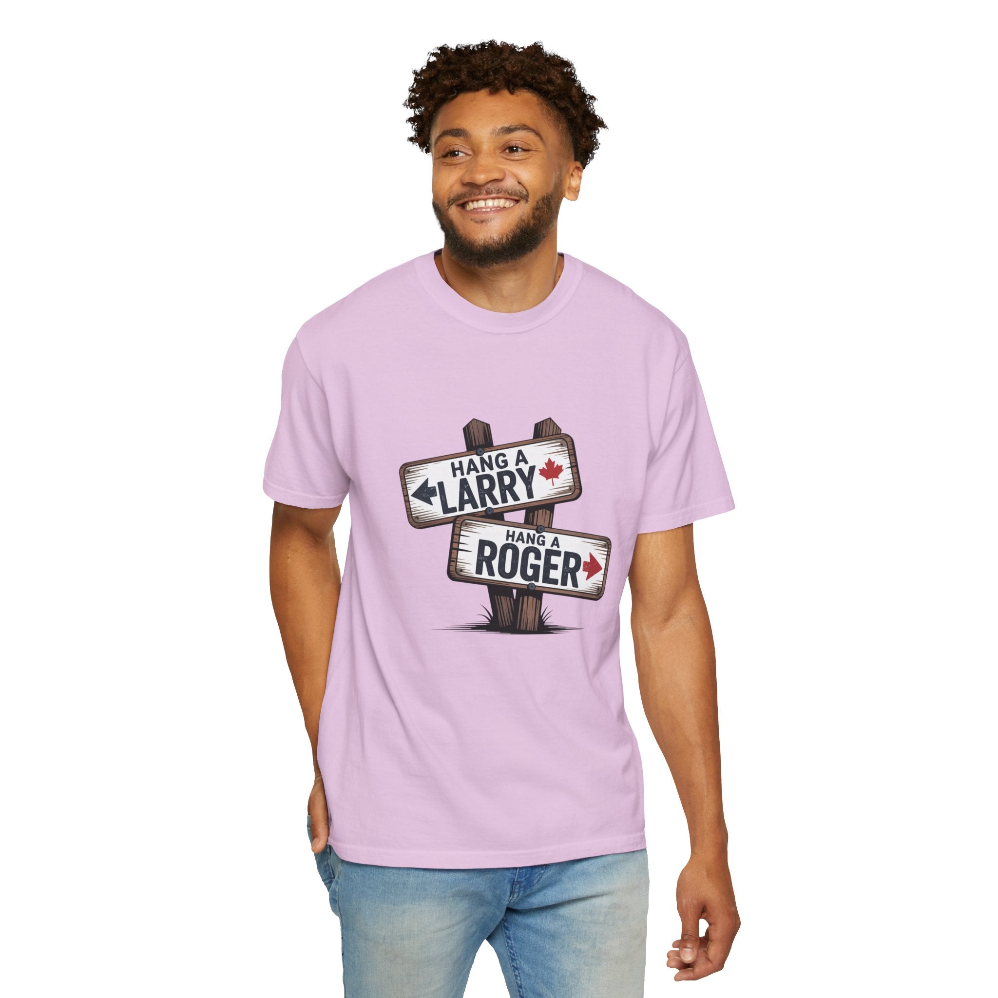 'Hang a Larry Hang a Roger' Signpost T-Shirt — Retro Roadside Humor Tee