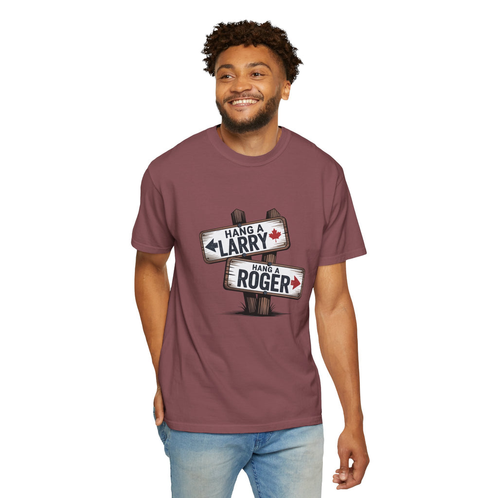 'Hang a Larry Hang a Roger' Signpost T-Shirt — Retro Roadside Humor Tee