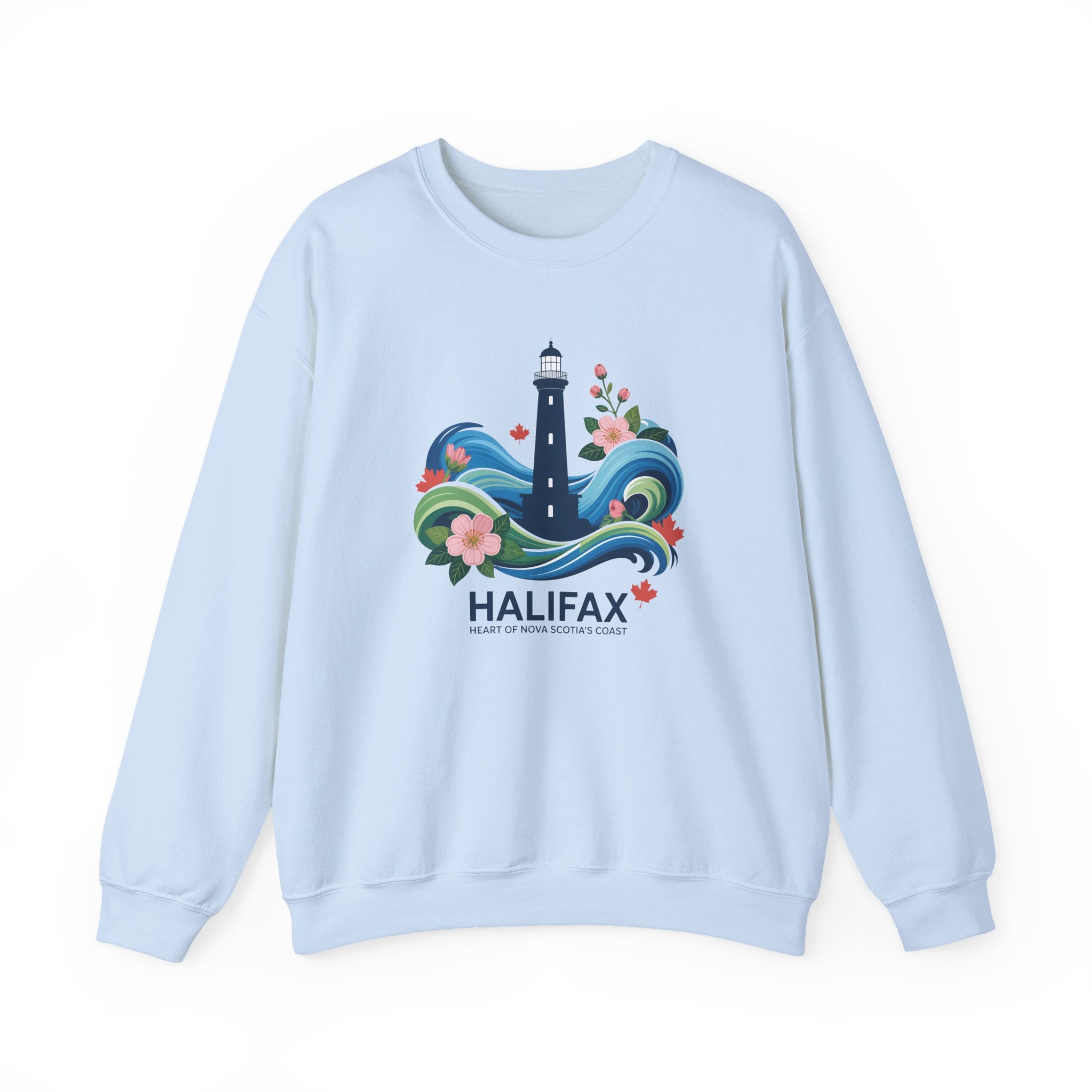 Halifax Lighthouse Crewneck Sweatshirt — Nautical Waves & Floral Travel Souvenir
