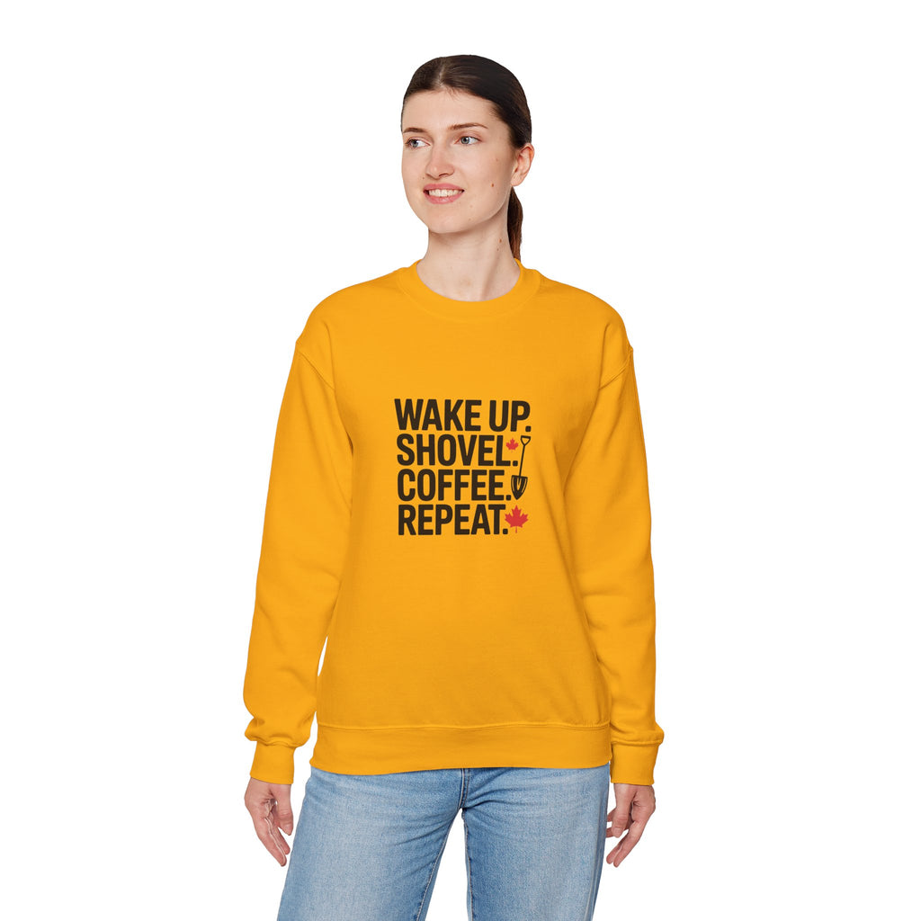"Wake Up. Shovel. Coffee. Repeat." Winter Funny Crewneck Sweatshirt