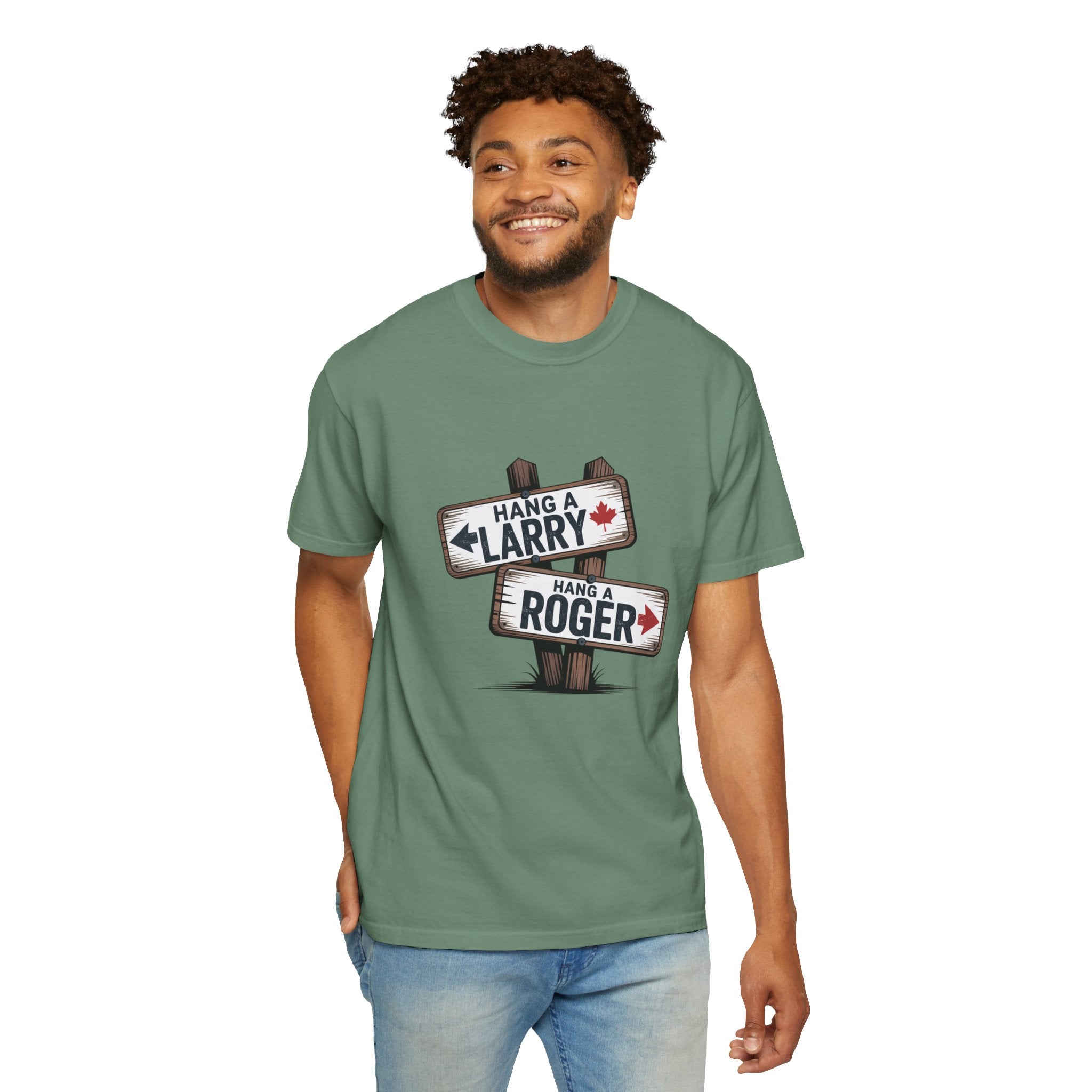 'Hang a Larry Hang a Roger' Signpost T-Shirt — Retro Roadside Humor Tee