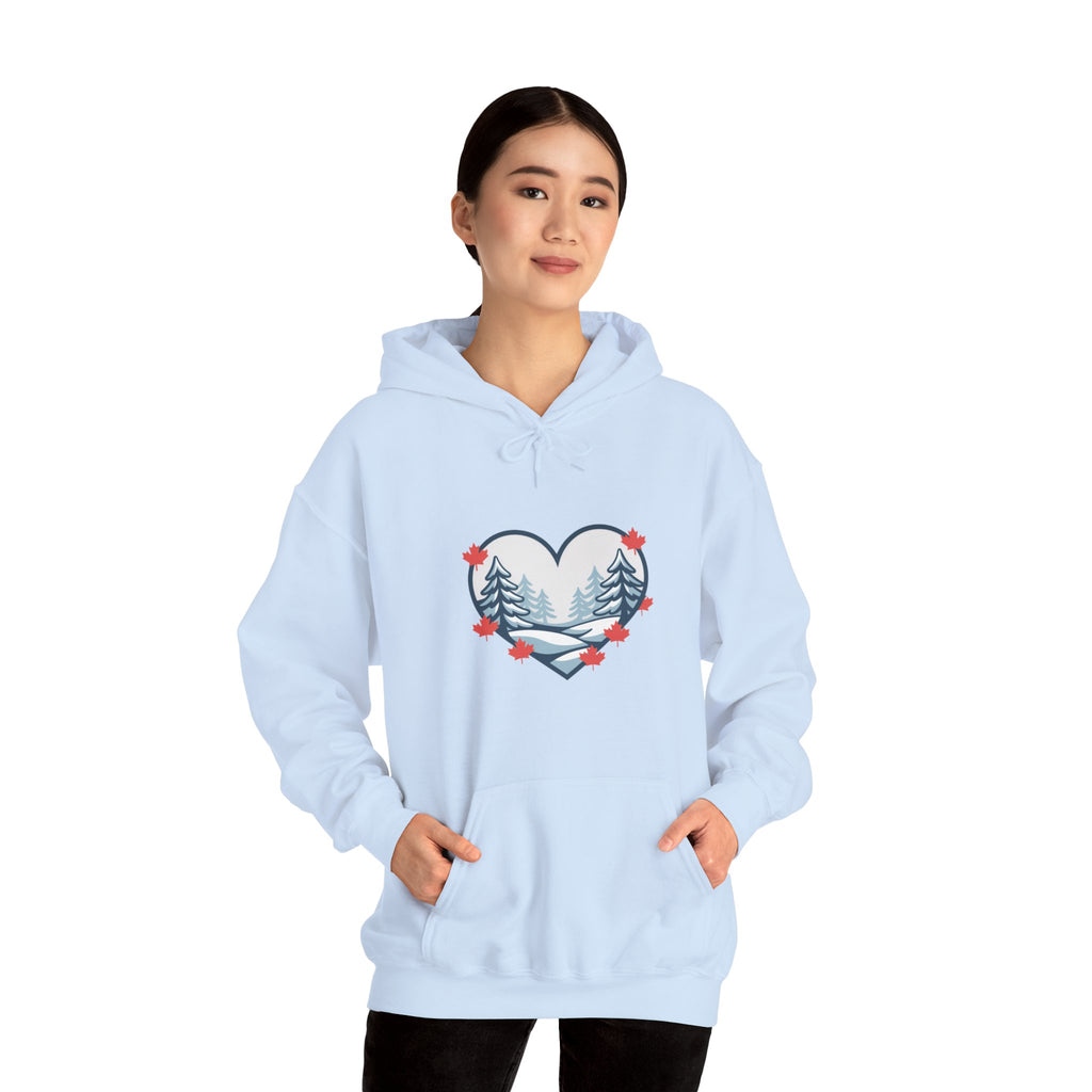 Heart-Shaped Mountain Hoodie — Cozy Forest Love Design