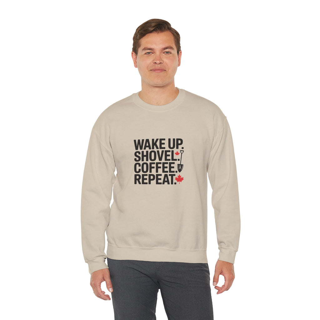 "Wake Up. Shovel. Coffee. Repeat." Winter Funny Crewneck Sweatshirt