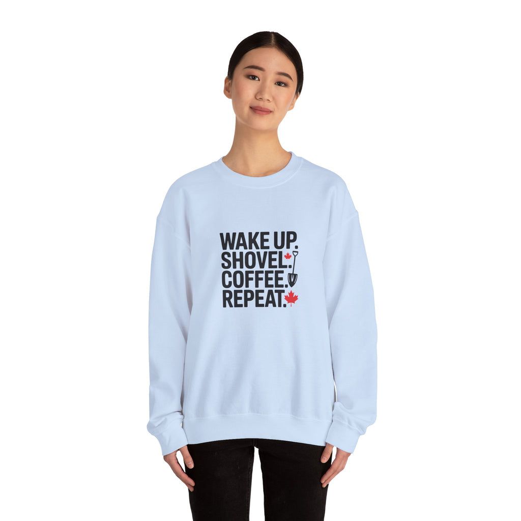 "Wake Up. Shovel. Coffee. Repeat." Winter Funny Crewneck Sweatshirt