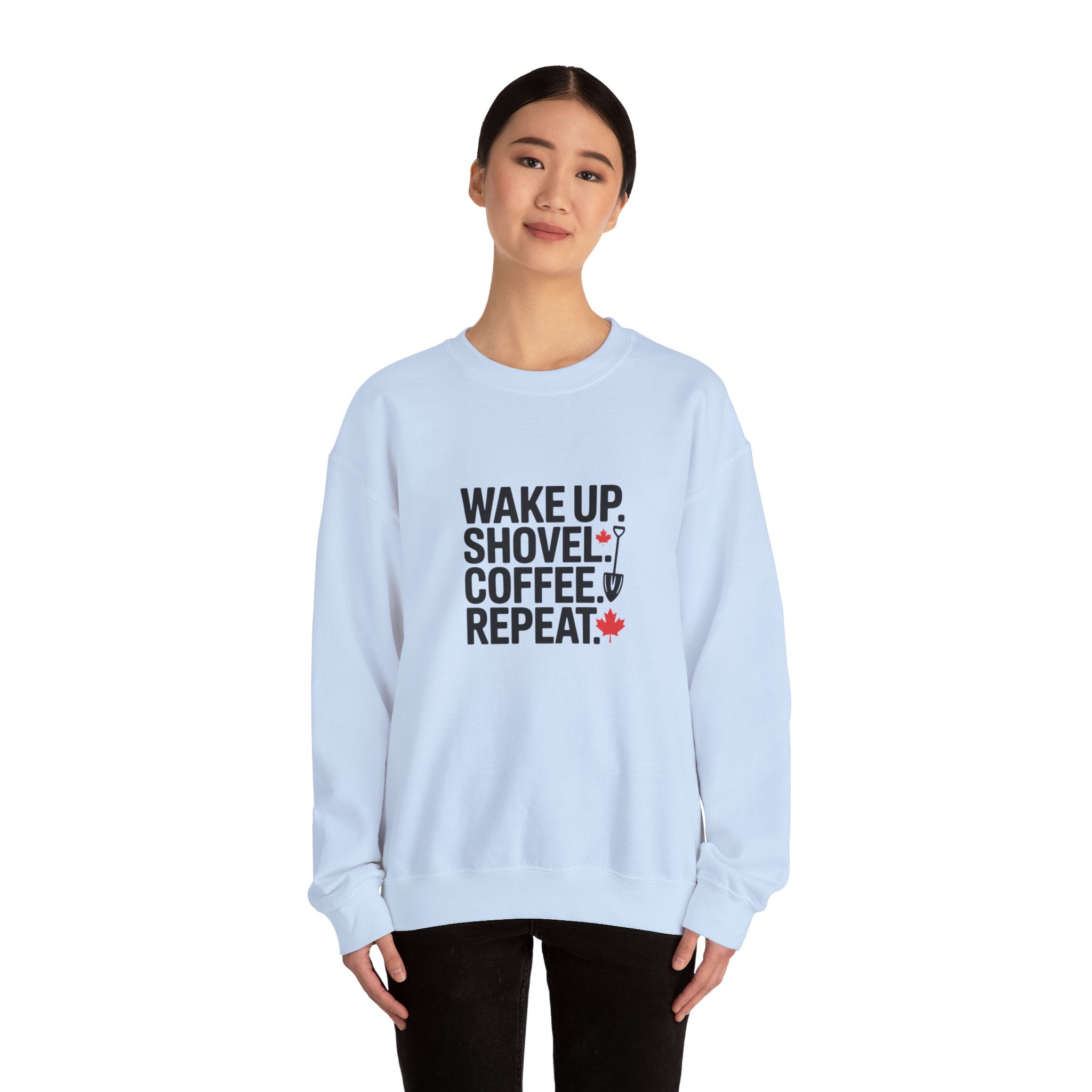 "Wake Up. Shovel. Coffee. Repeat." Winter Funny Crewneck Sweatshirt
