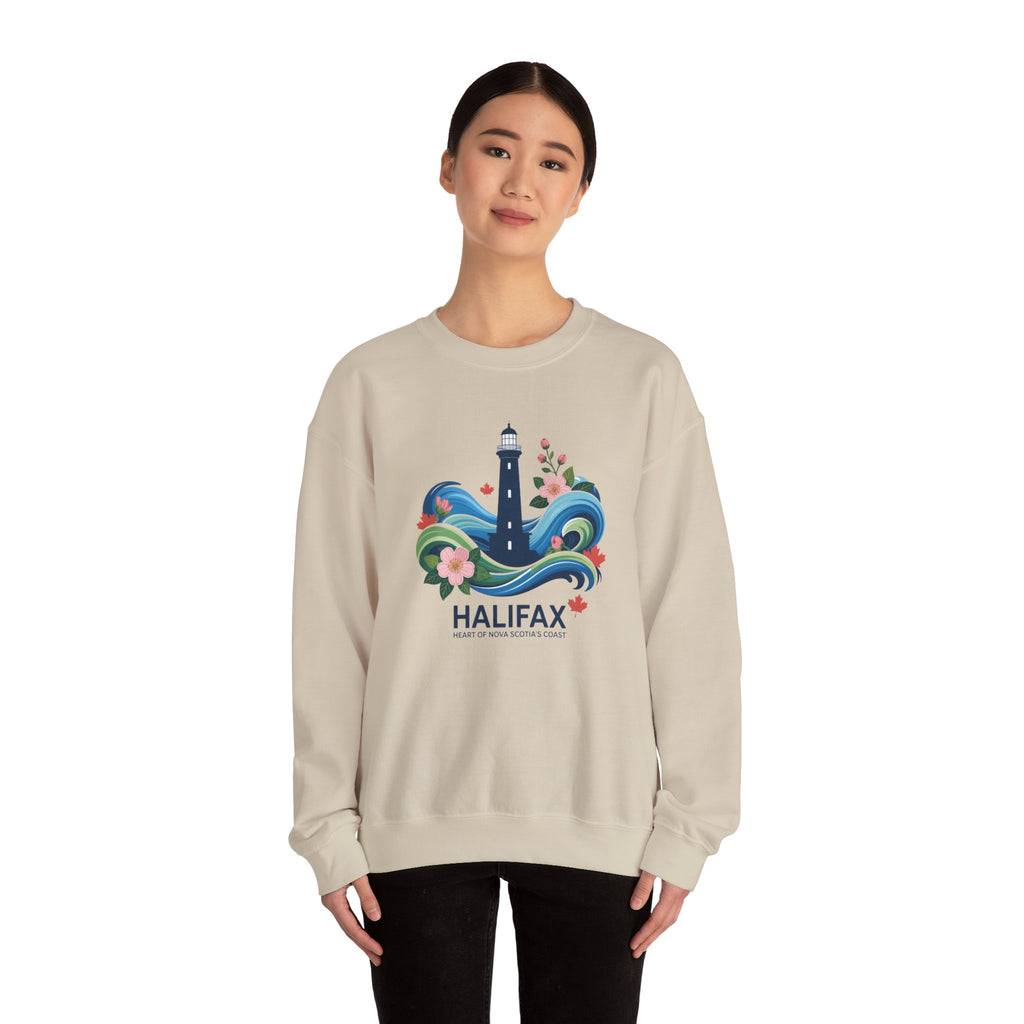 Halifax Lighthouse Crewneck Sweatshirt — Nautical Waves & Floral Travel Souvenir