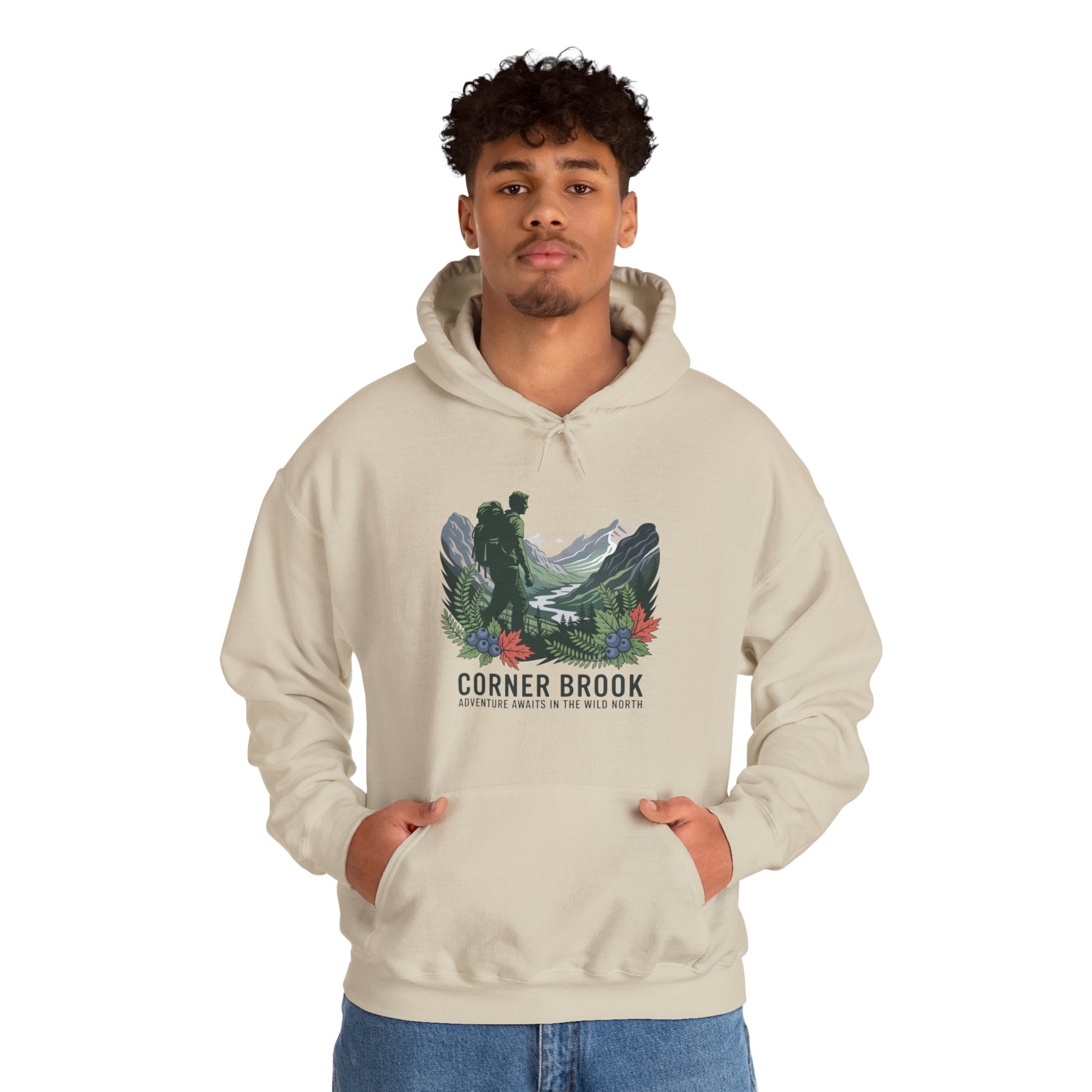 Corner Brook Mountain Landscape Hoodie — Scenic Nature Graphic Sweatshirt