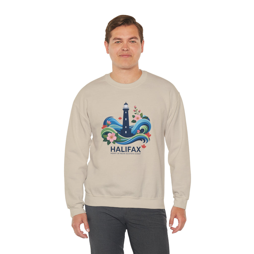 Halifax Lighthouse Crewneck Sweatshirt — Nautical Waves & Floral Travel Souvenir