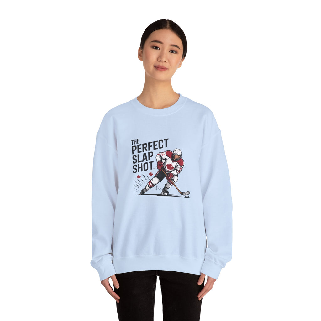 Hockey Slap Shot Sweatshirt — "The Perfect Slap Shot" Crewneck for Players & Fans