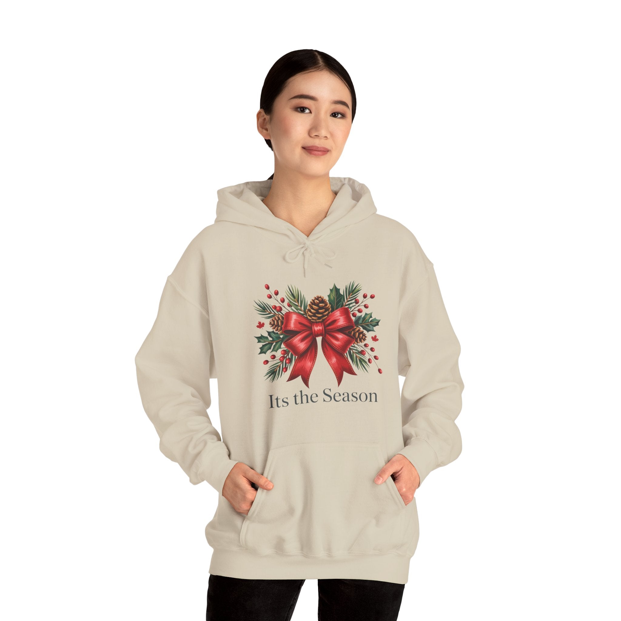 Christmas Wreath Hoodie – Festive Red Bow "Its the Season" Holiday Sweatshirt