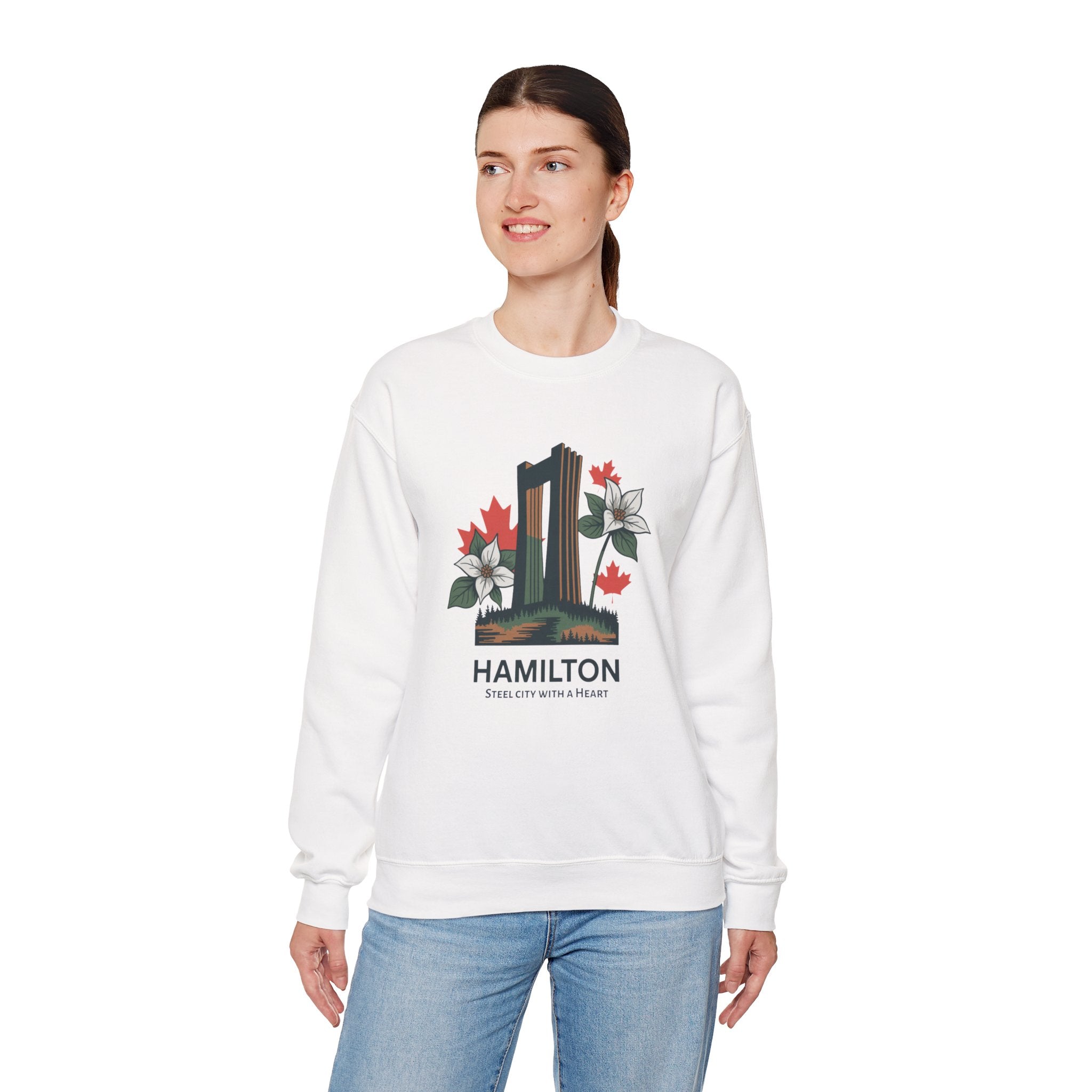 Hamilton Skyline Crewneck Sweatshirt — 'Hamilton: Steel City With A Heart' Canadian Maple Floral Design