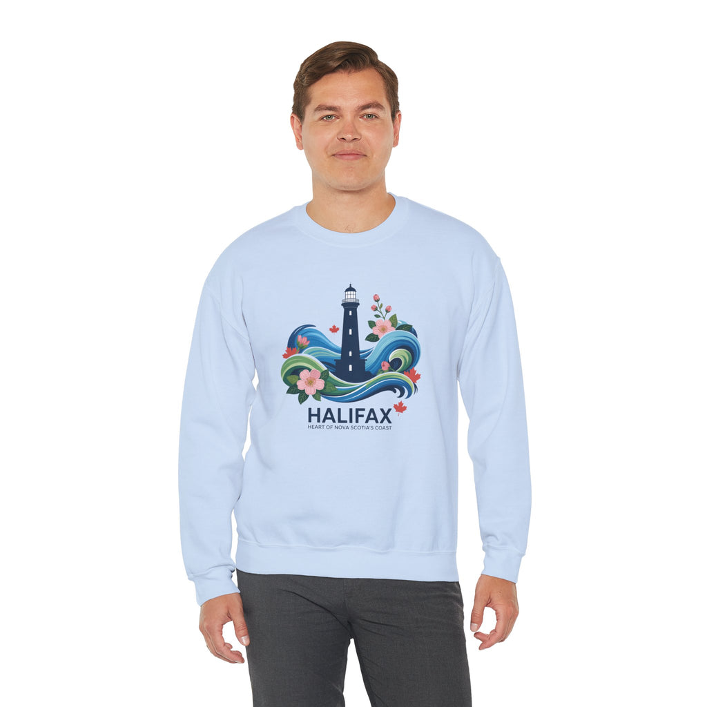 Halifax Lighthouse Crewneck Sweatshirt — Nautical Waves & Floral Travel Souvenir