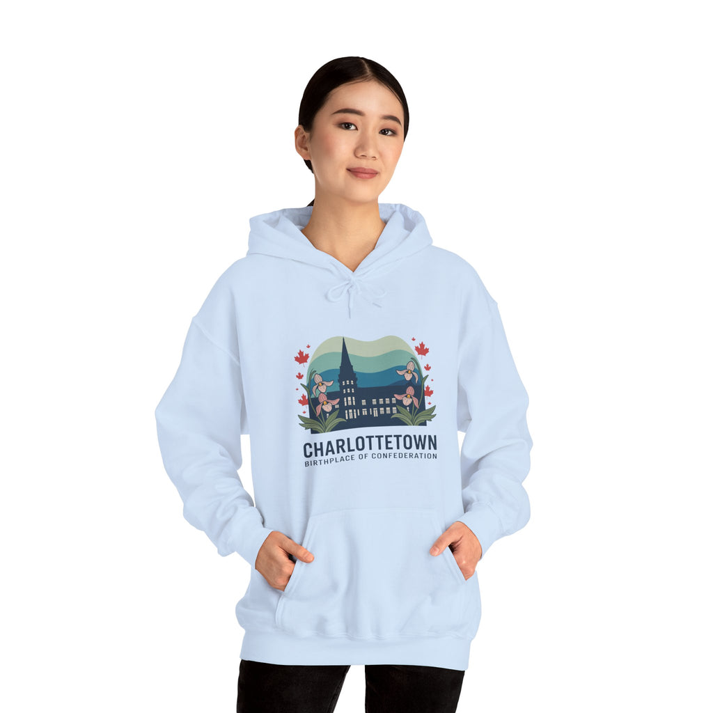 Charlottetown Scenic Hoodie — Vintage Island Skyline & Parliament Building Design