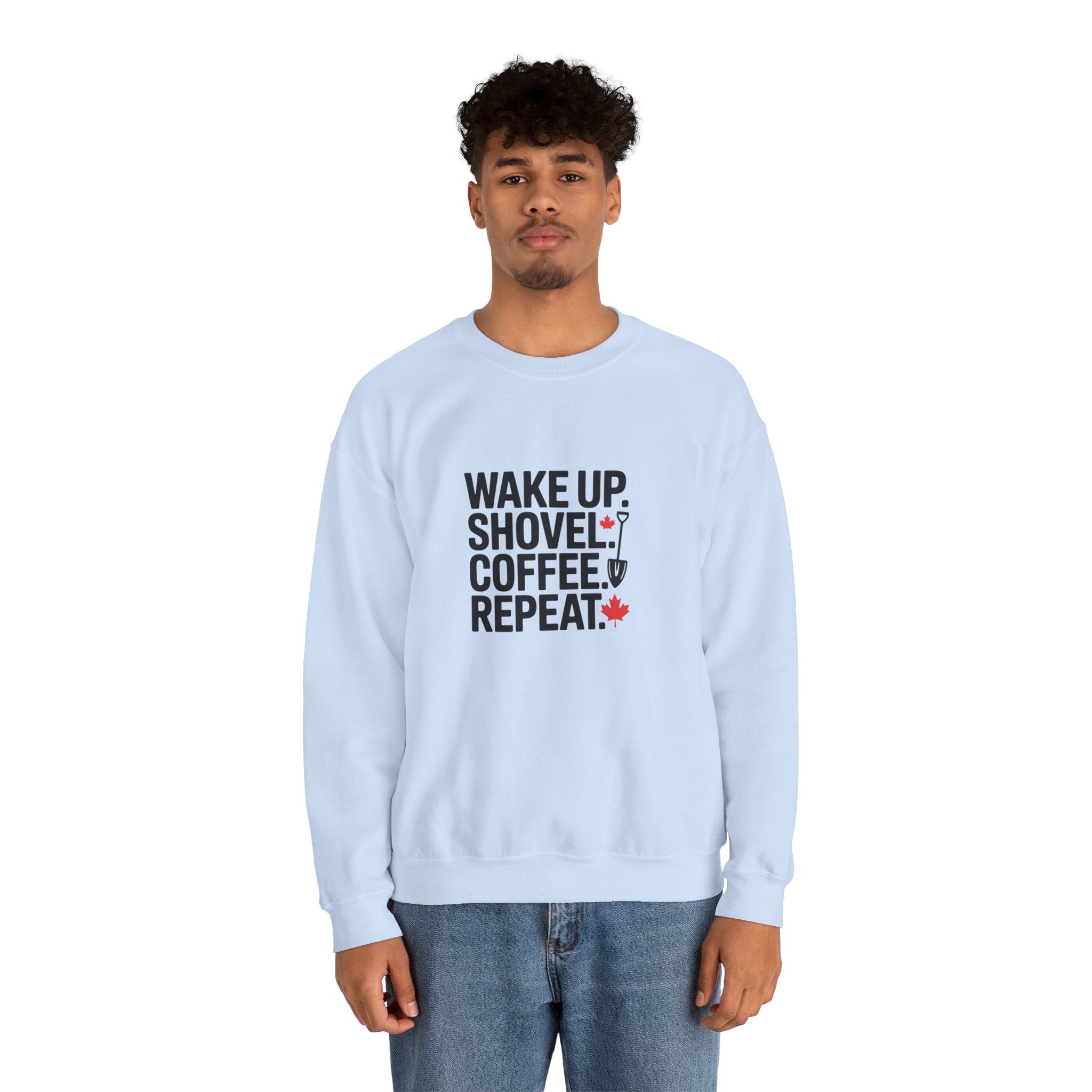 "Wake Up. Shovel. Coffee. Repeat." Winter Funny Crewneck Sweatshirt