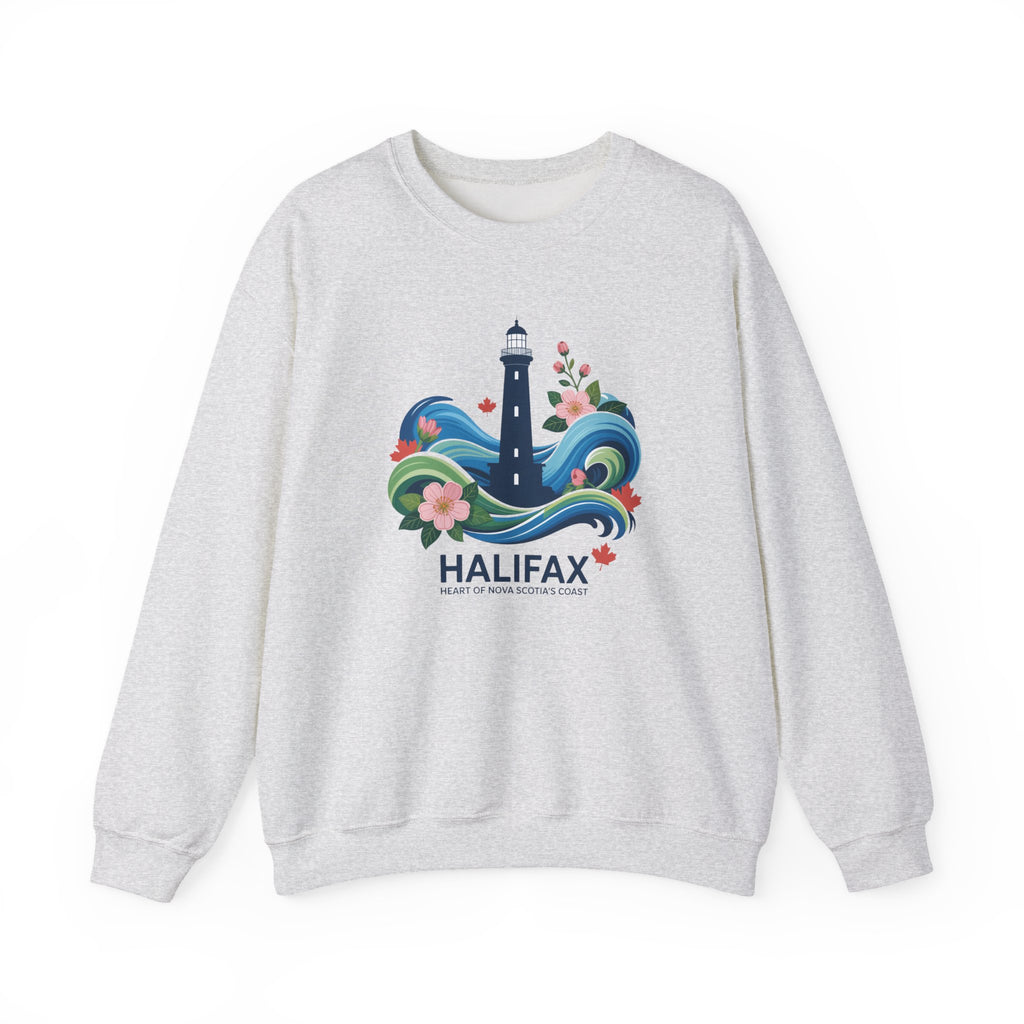 Halifax Lighthouse Crewneck Sweatshirt — Nautical Waves & Floral Travel Souvenir