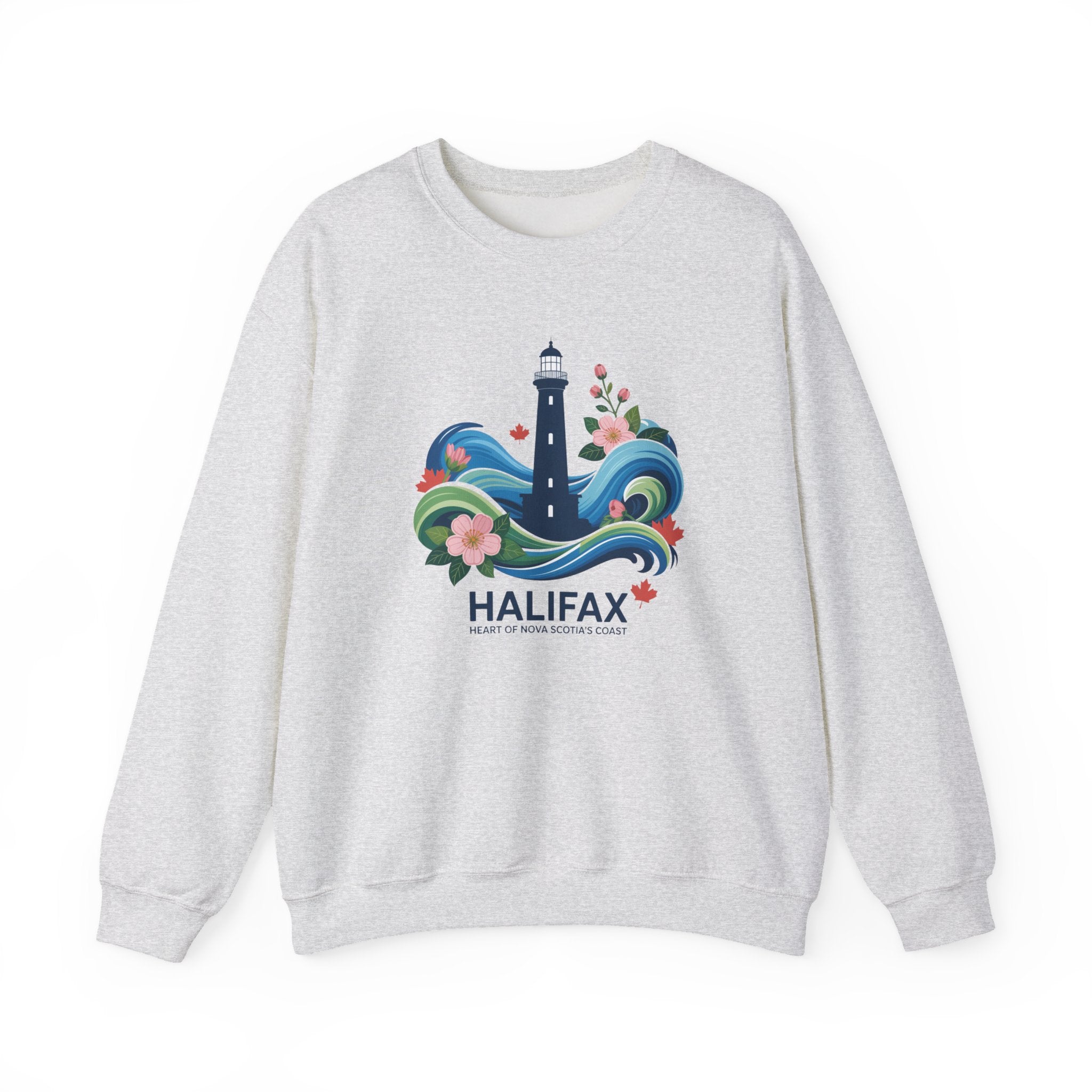 Halifax Lighthouse Crewneck Sweatshirt — Nautical Waves & Floral Travel Souvenir