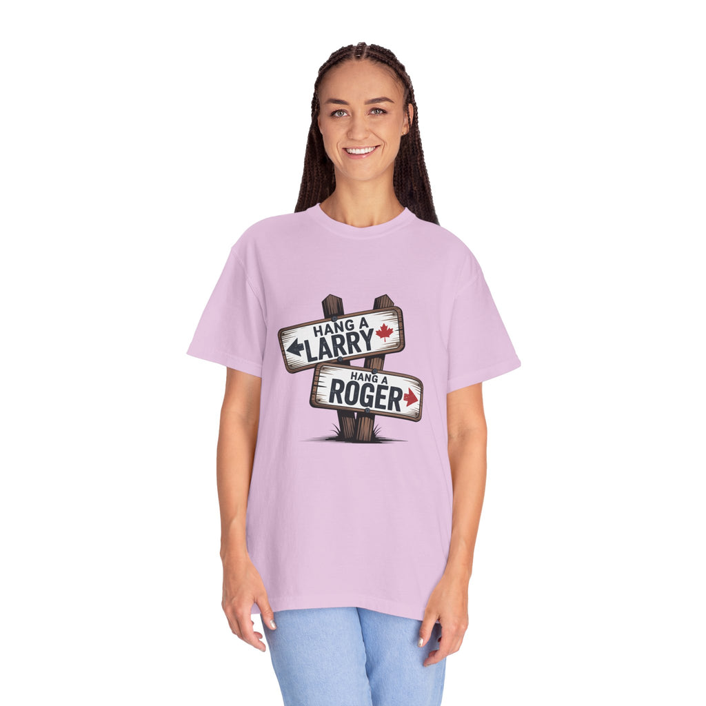 'Hang a Larry Hang a Roger' Signpost T-Shirt — Retro Roadside Humor Tee