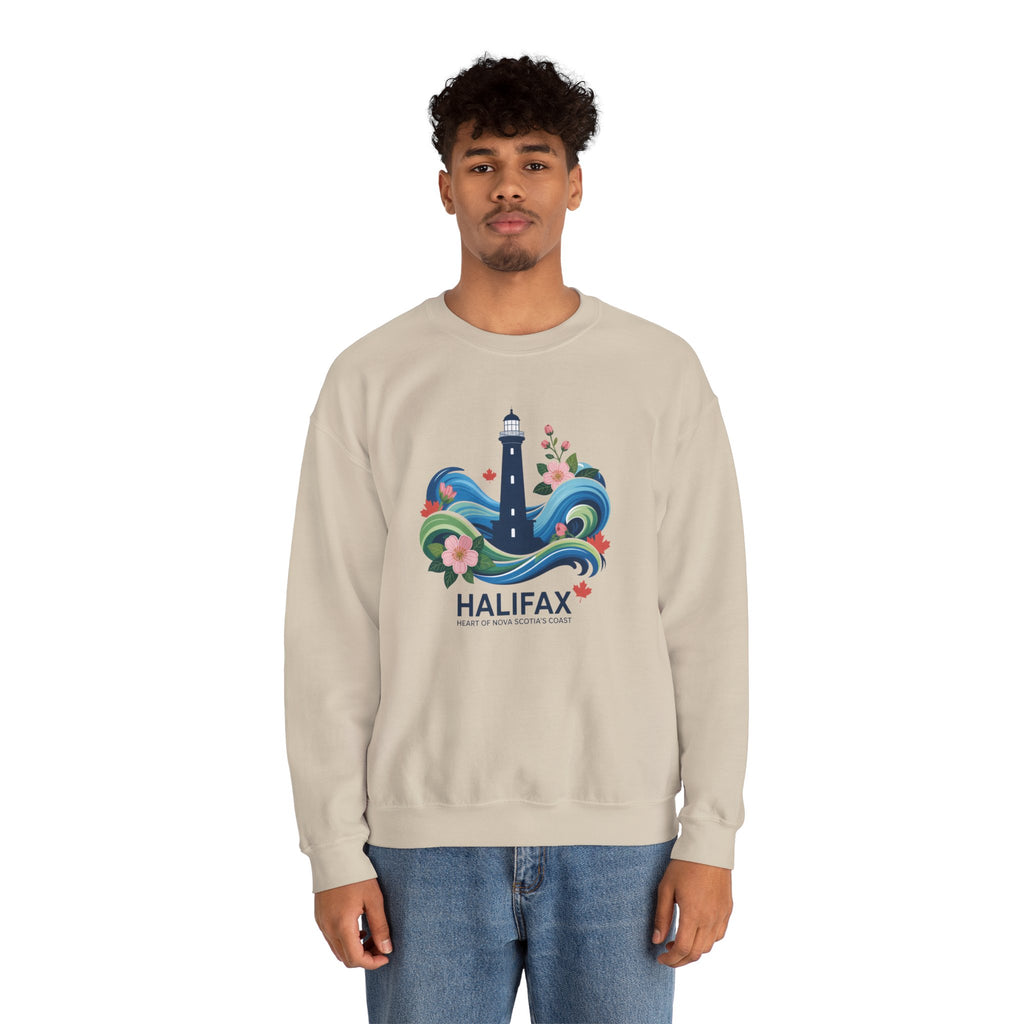 Halifax Lighthouse Crewneck Sweatshirt — Nautical Waves & Floral Travel Souvenir