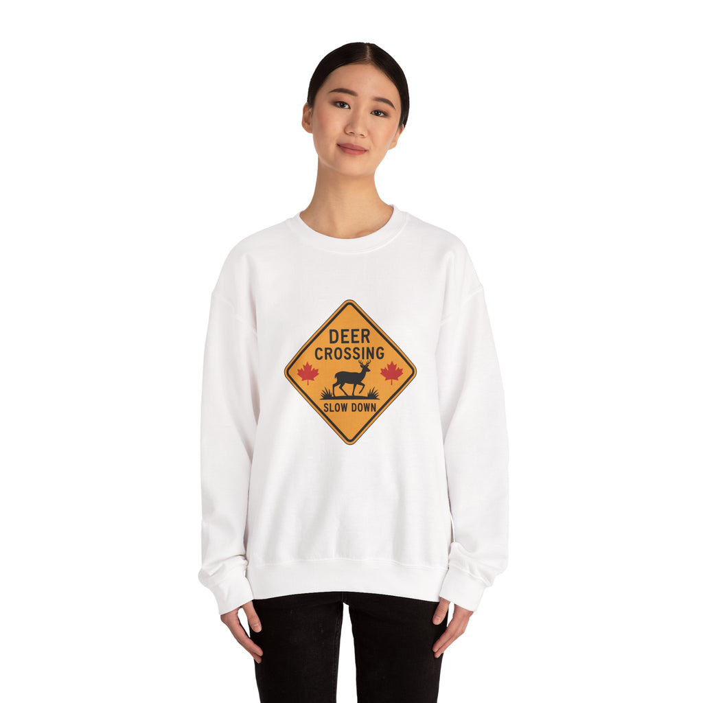 Deer Crossing Sweatshirt — 'Deer Crossing Slow Down' Road Sign Crewneck
