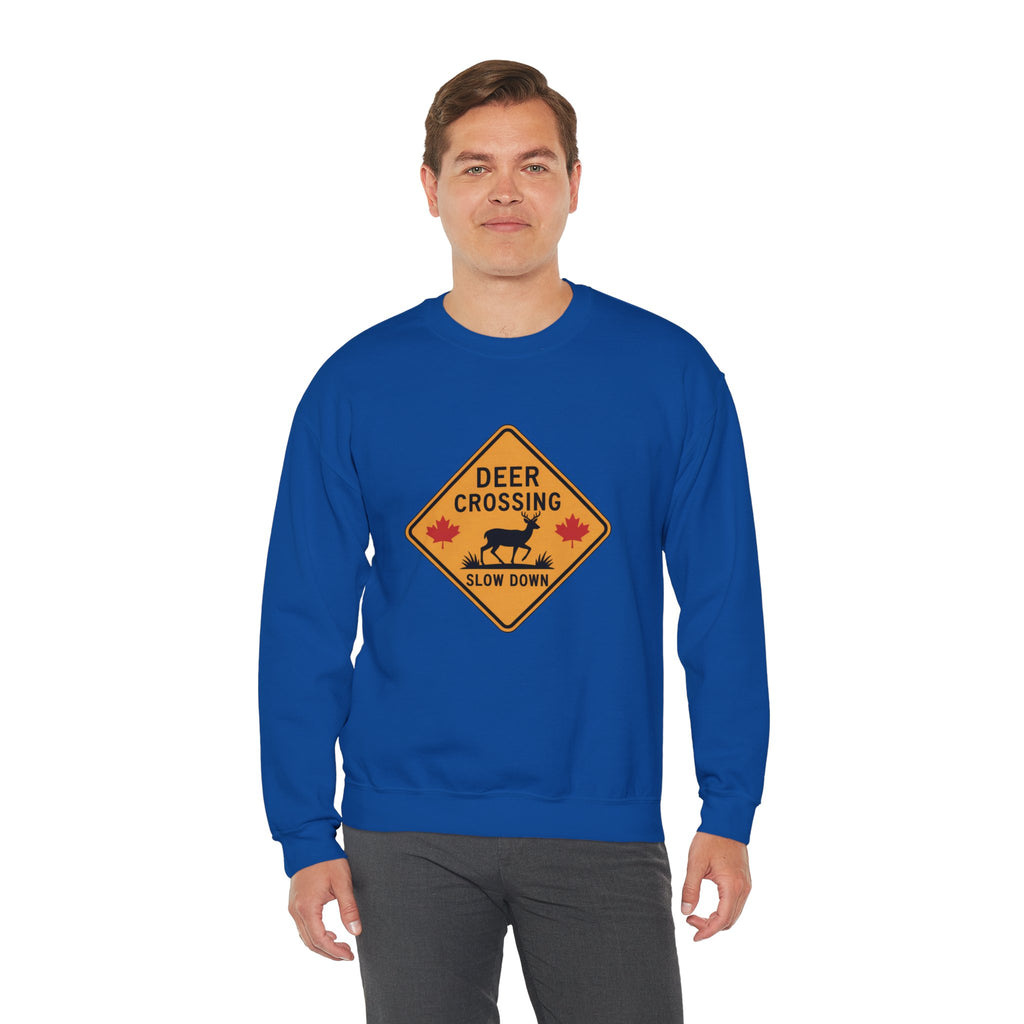 Deer Crossing Sweatshirt — 'Deer Crossing Slow Down' Road Sign Crewneck