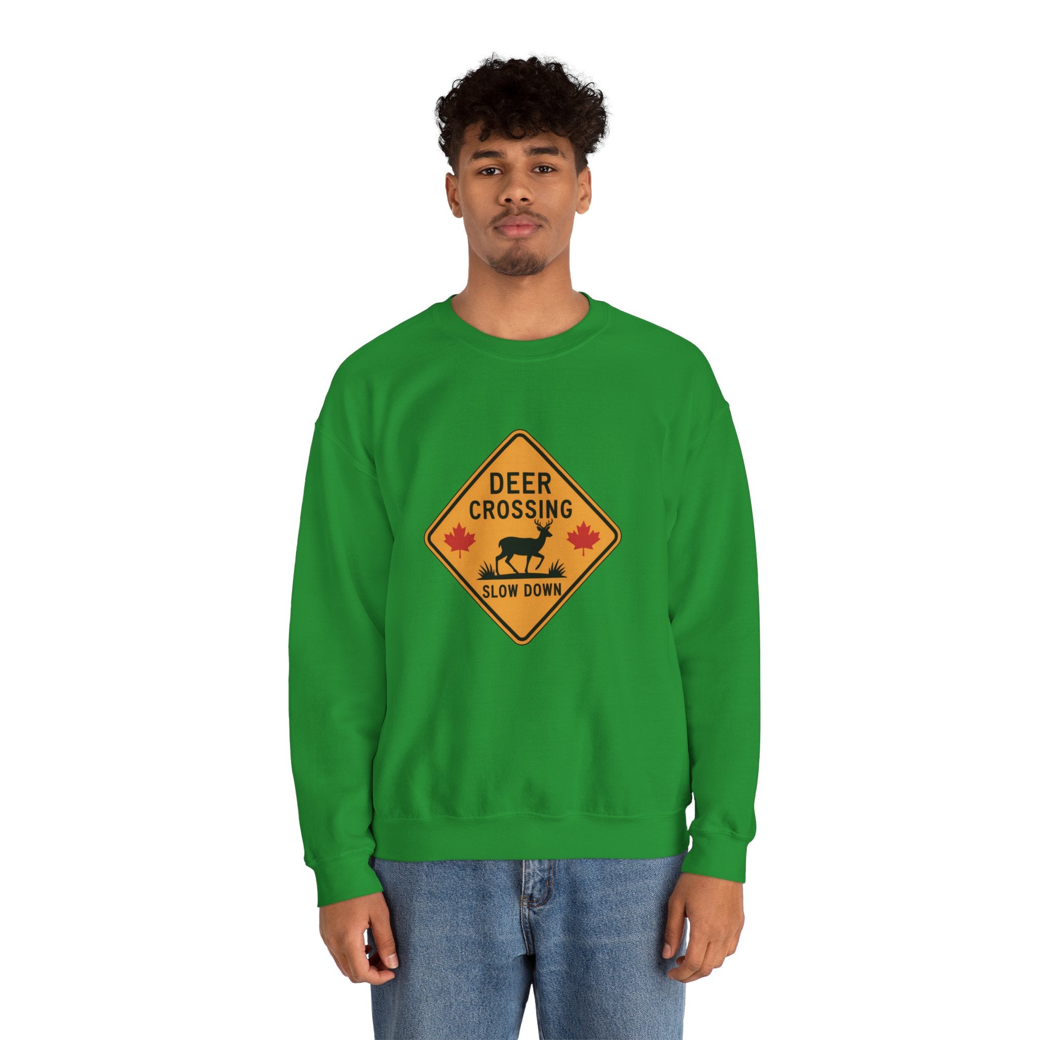 Deer Crossing Sweatshirt — 'Deer Crossing Slow Down' Road Sign Crewneck