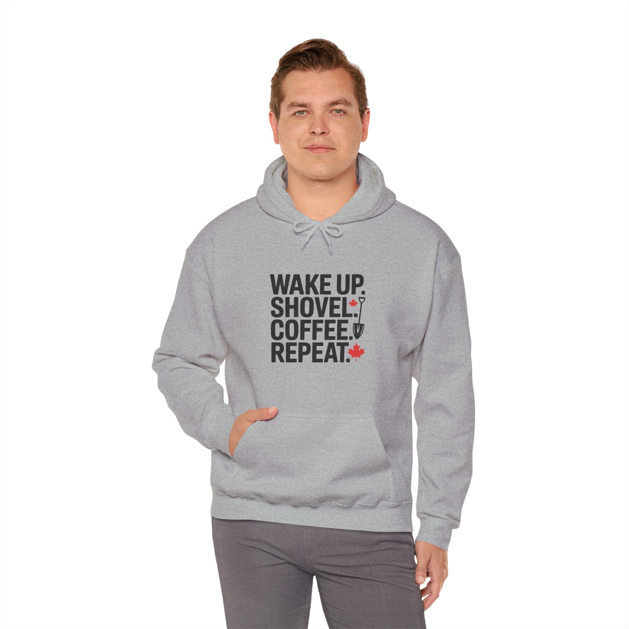 Winter Shoveling Hoodie - "Wake Up. Shovel. Coffee. Repeat." Winter Work Sweatshirt