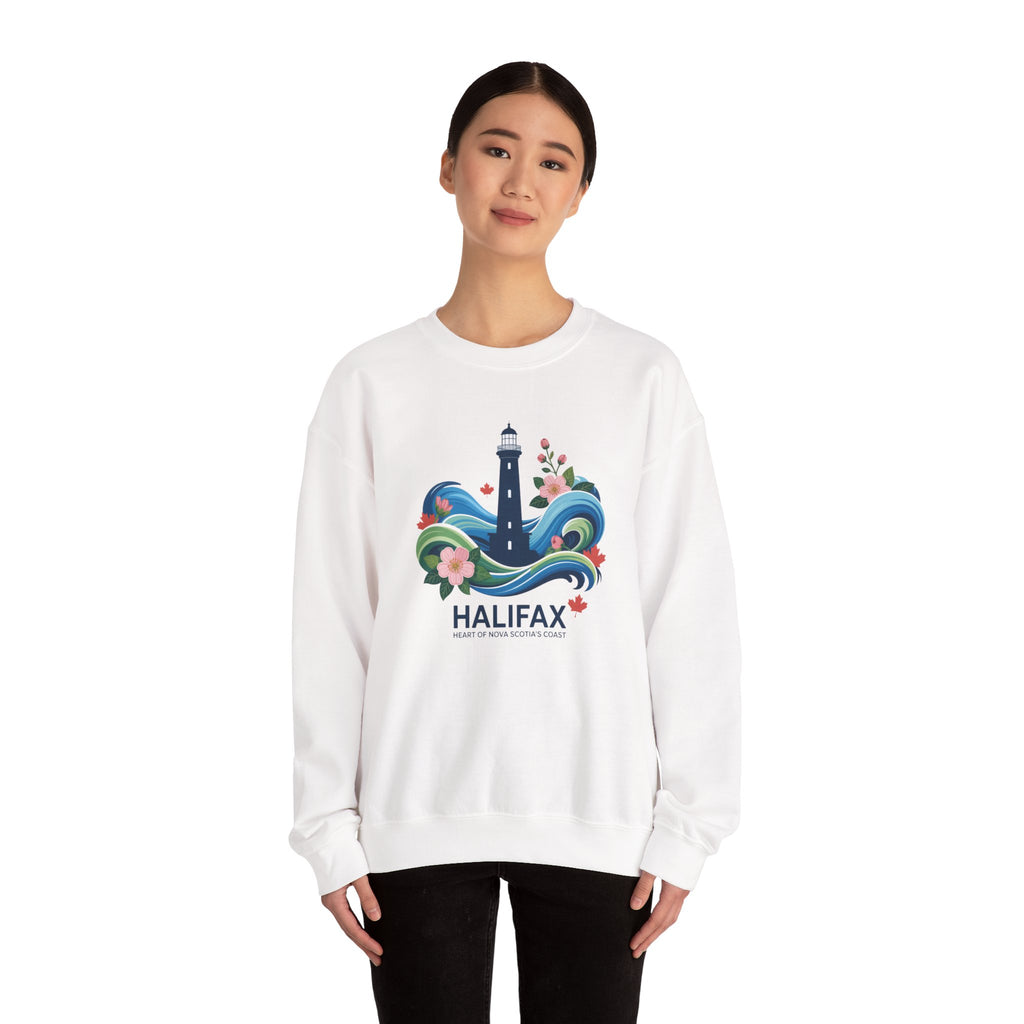 Halifax Lighthouse Crewneck Sweatshirt — Nautical Waves & Floral Travel Souvenir