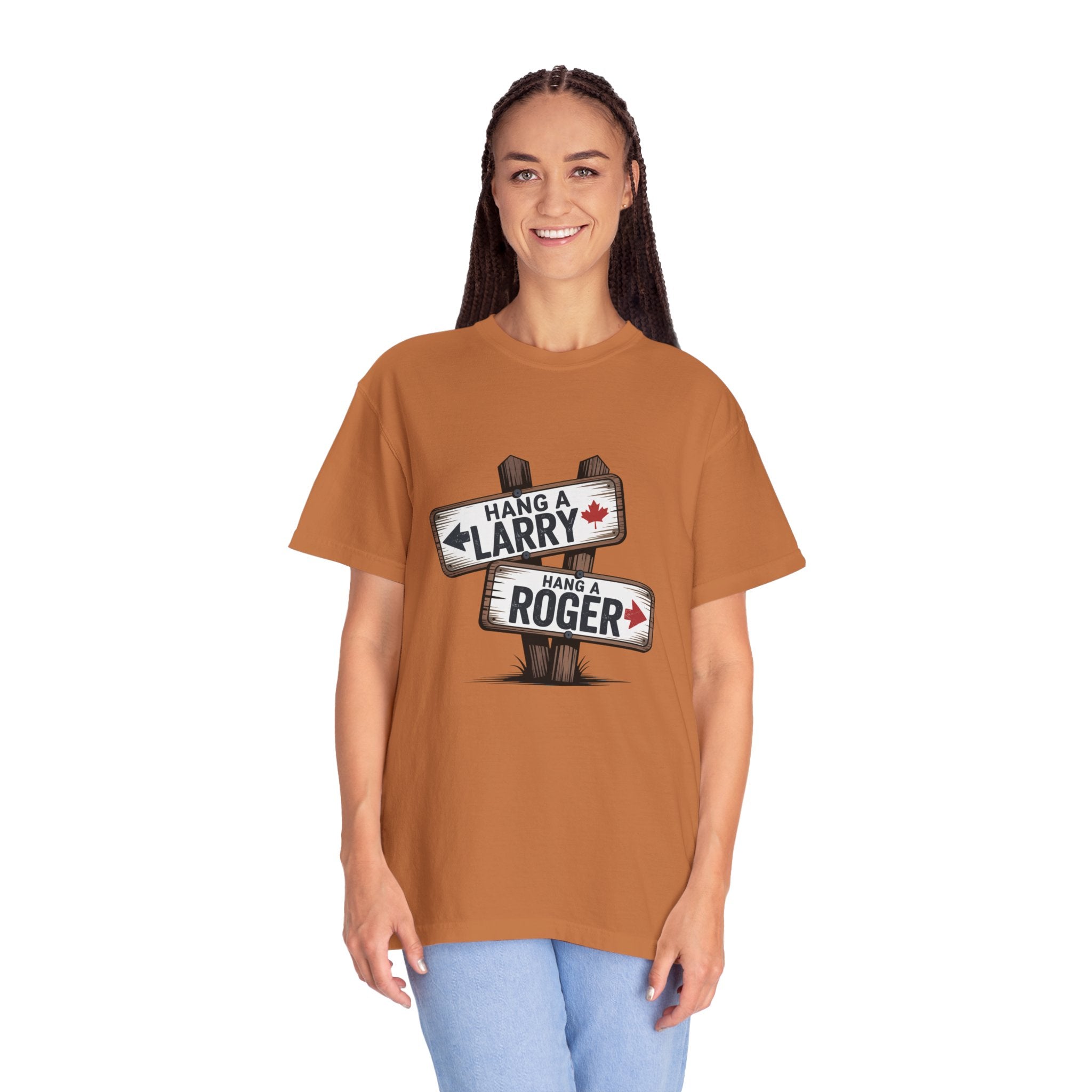 'Hang a Larry Hang a Roger' Signpost T-Shirt — Retro Roadside Humor Tee